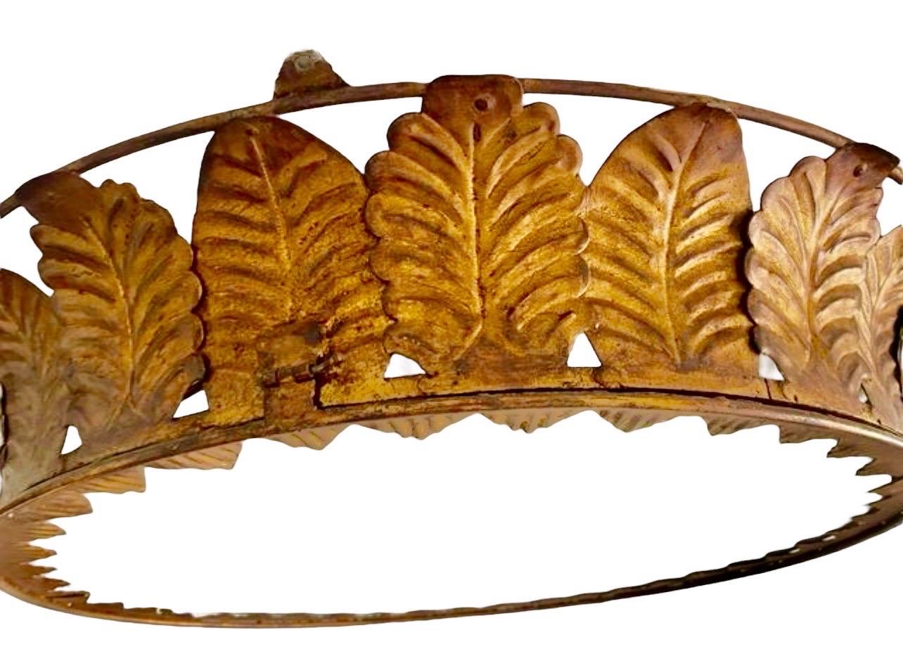 Spanish Crown Sunburst fixture XXL in Gilt Metal and frost Glass , circa 1950 For Sale 1