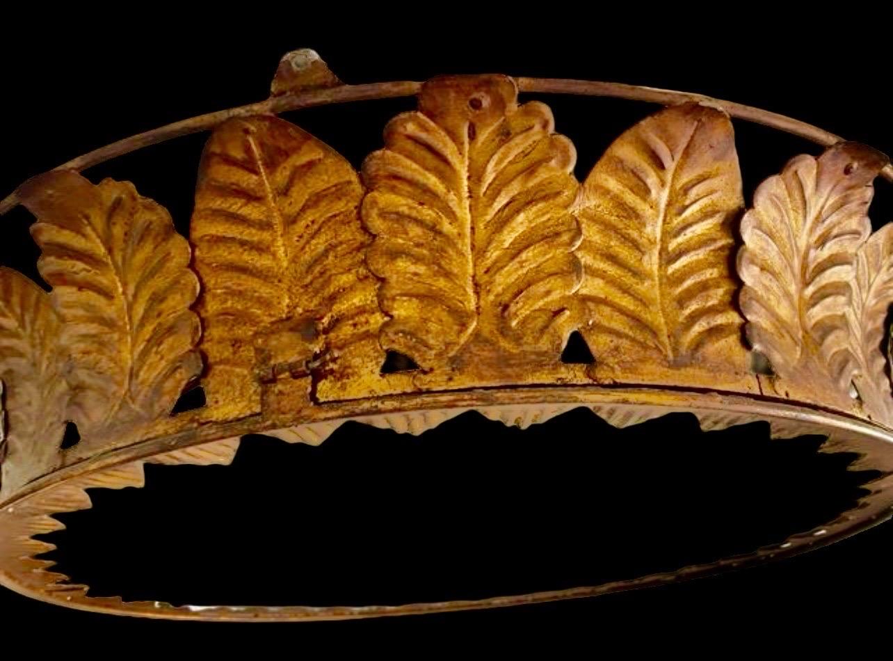 Spanish Crown Sunburst fixture XXL in Gilt Metal and frost Glass , circa 1950 For Sale 2