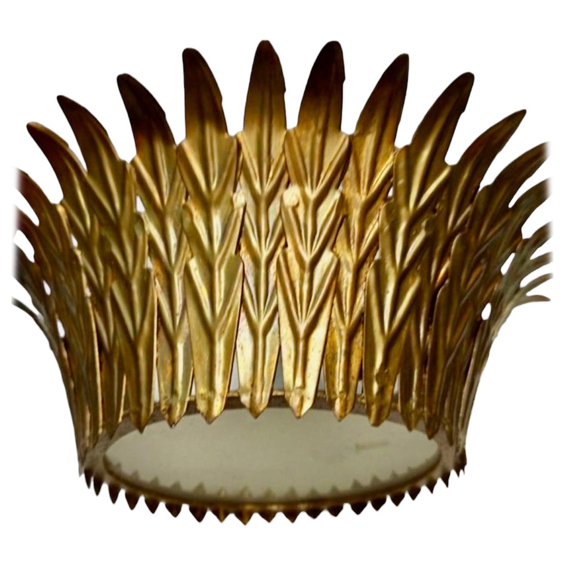 Grand luminaire à couronne espagnole en métal doré et verre dépoli , circa 1950