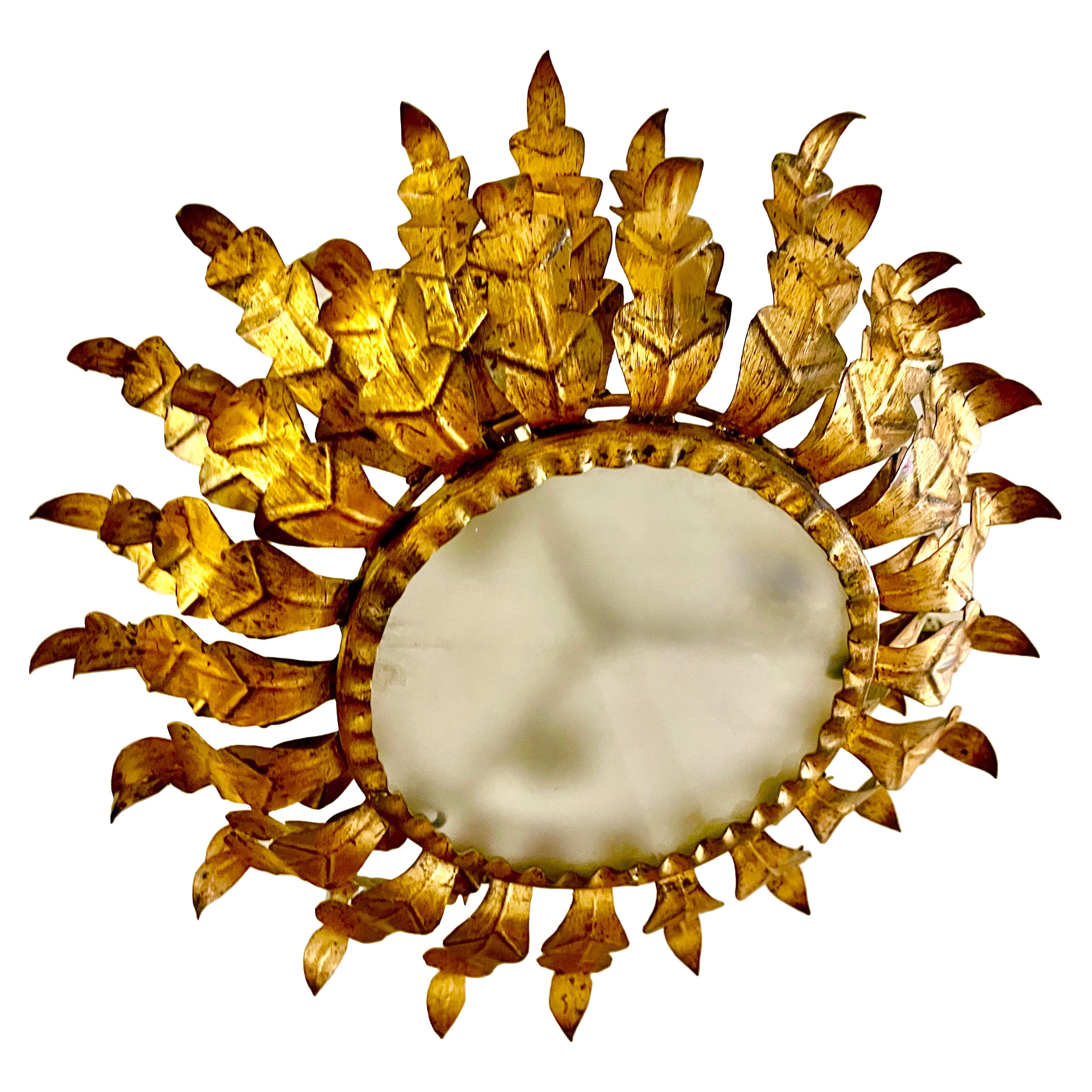 Spanish Crown Sunburst fixture XL in Gilt Metal and frost Glass , circa 1950