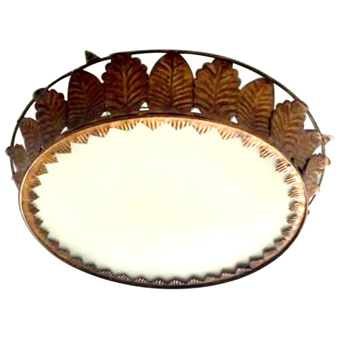 Spanish Crown Sunburst fixture XXL in Gilt Metal and frost Glass , circa 1950