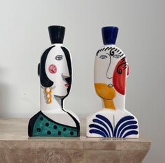 Spanish Cubist figurative “Face” candlesticks, signed by artist, 20th century