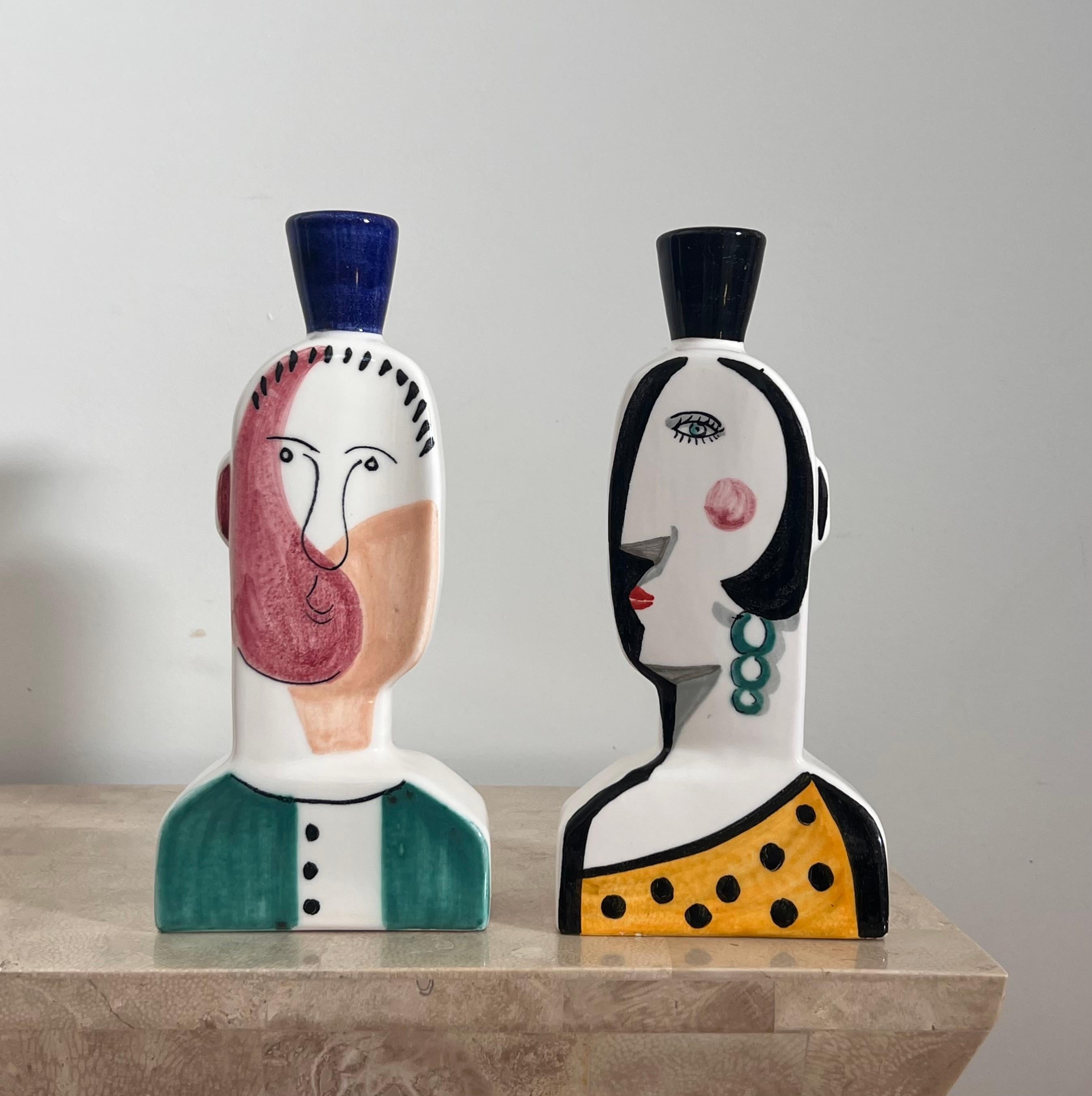 Mid-Century Modern Spanish Cubist figurative “Face” candlesticks, signed by artist, 20th century