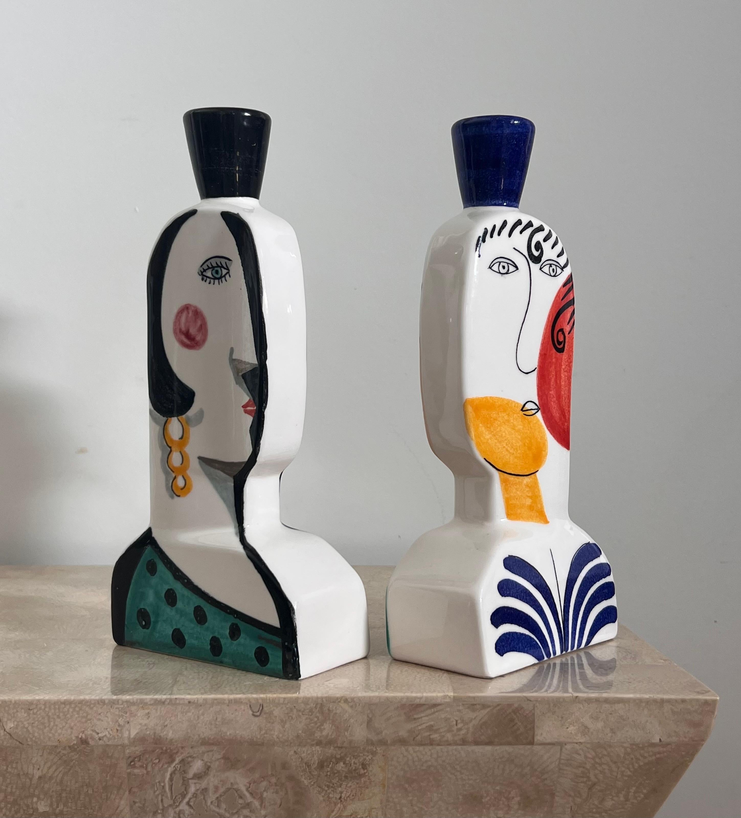 Hand-Painted Spanish Cubist figurative “Face” candlesticks, signed by artist, 20th century