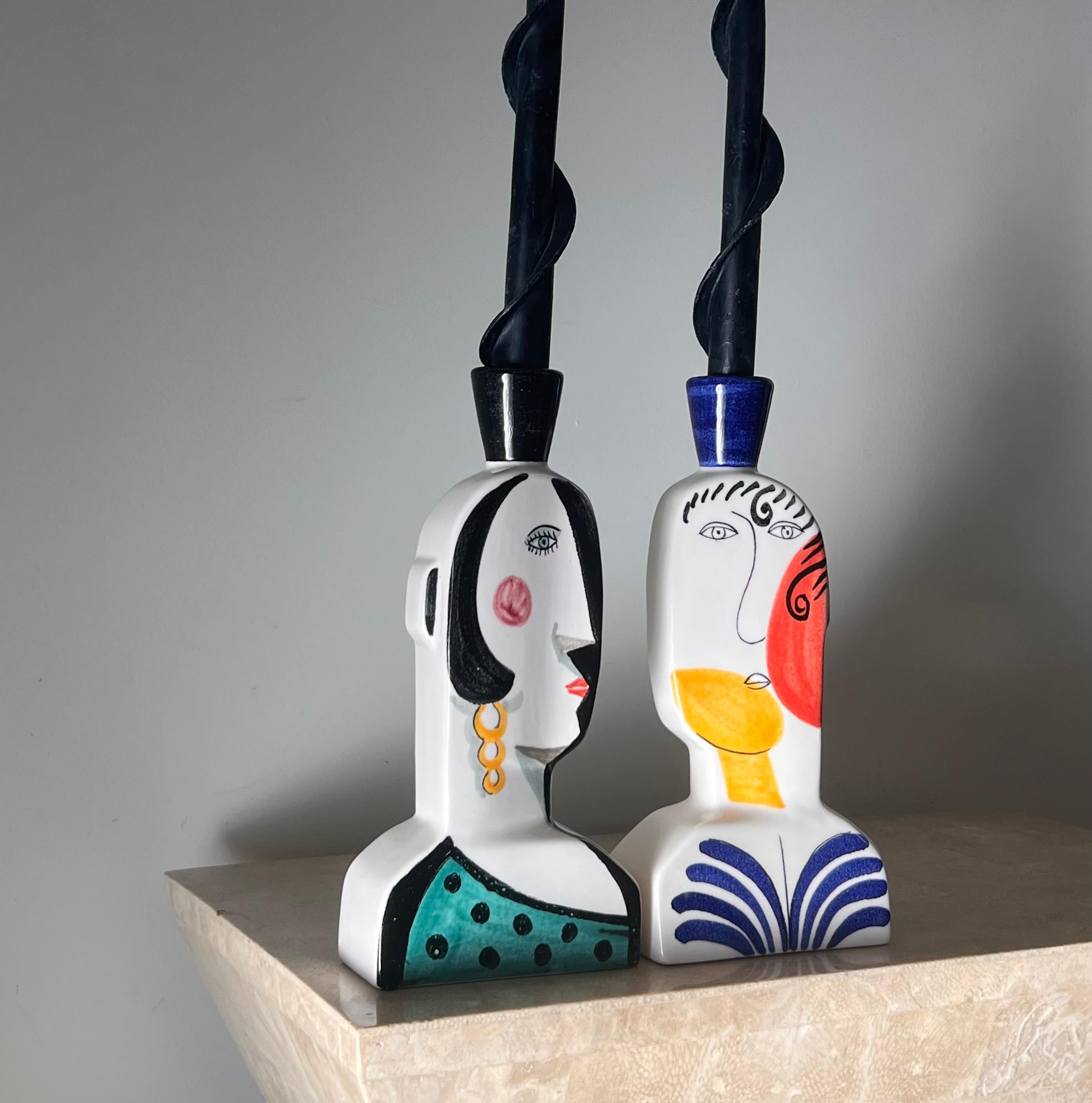 Spanish Cubist figurative “Face” candlesticks, signed by artist, 20th century In Good Condition In View Park, CA
