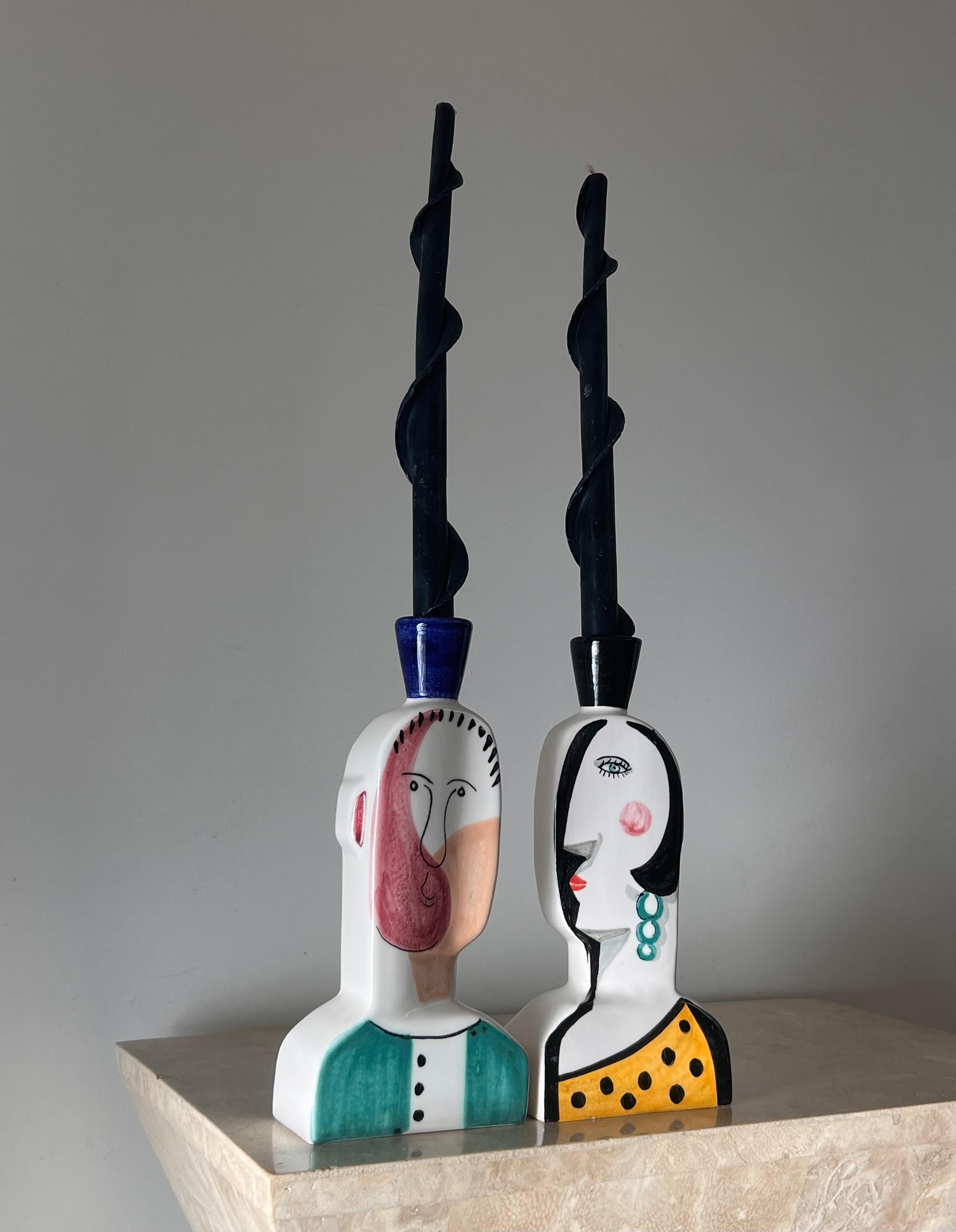 20th Century Spanish Cubist figurative “Face” candlesticks, signed by artist, 20th century