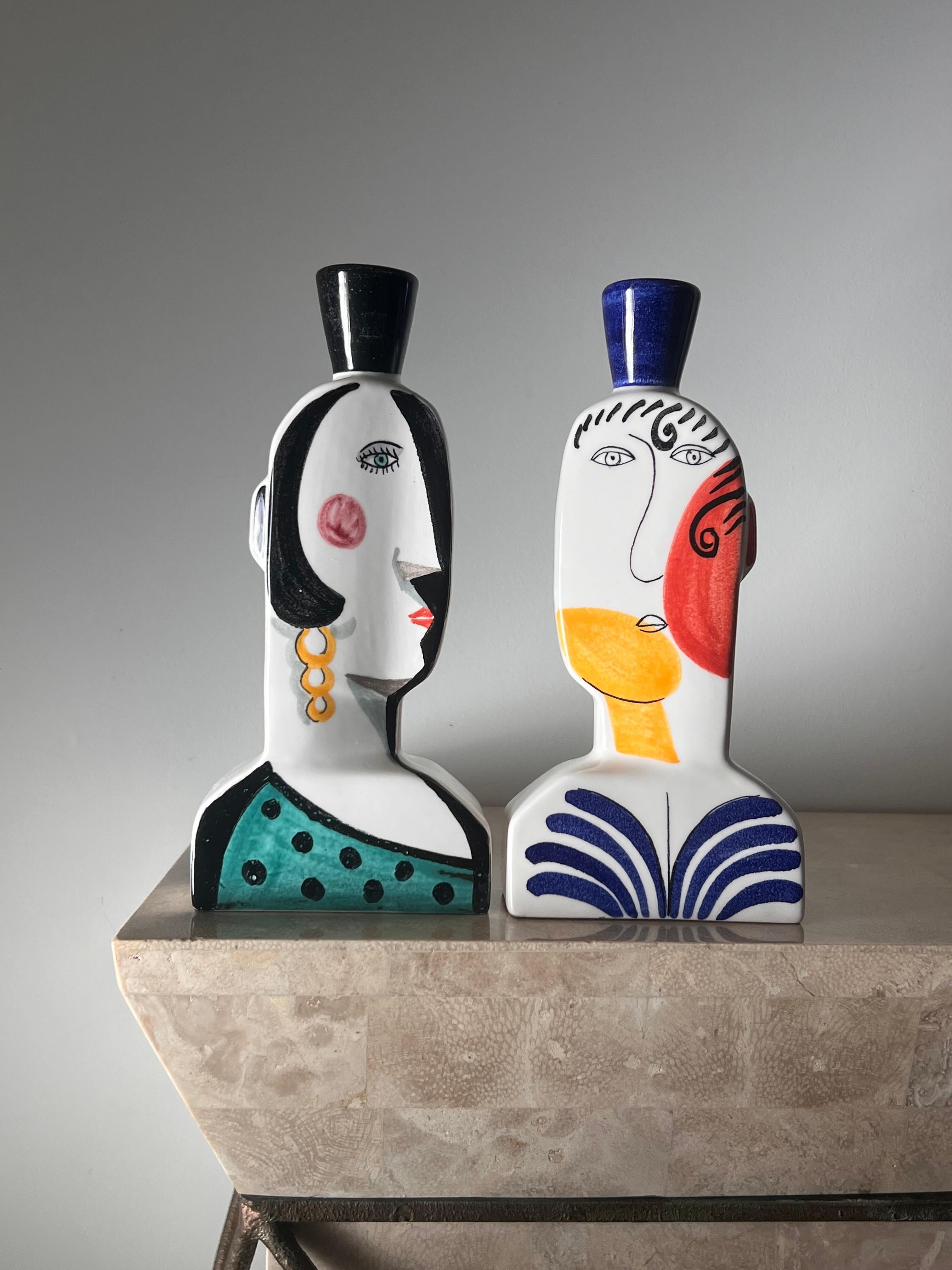 Ceramic Spanish Cubist figurative “Face” candlesticks, signed by artist, 20th century