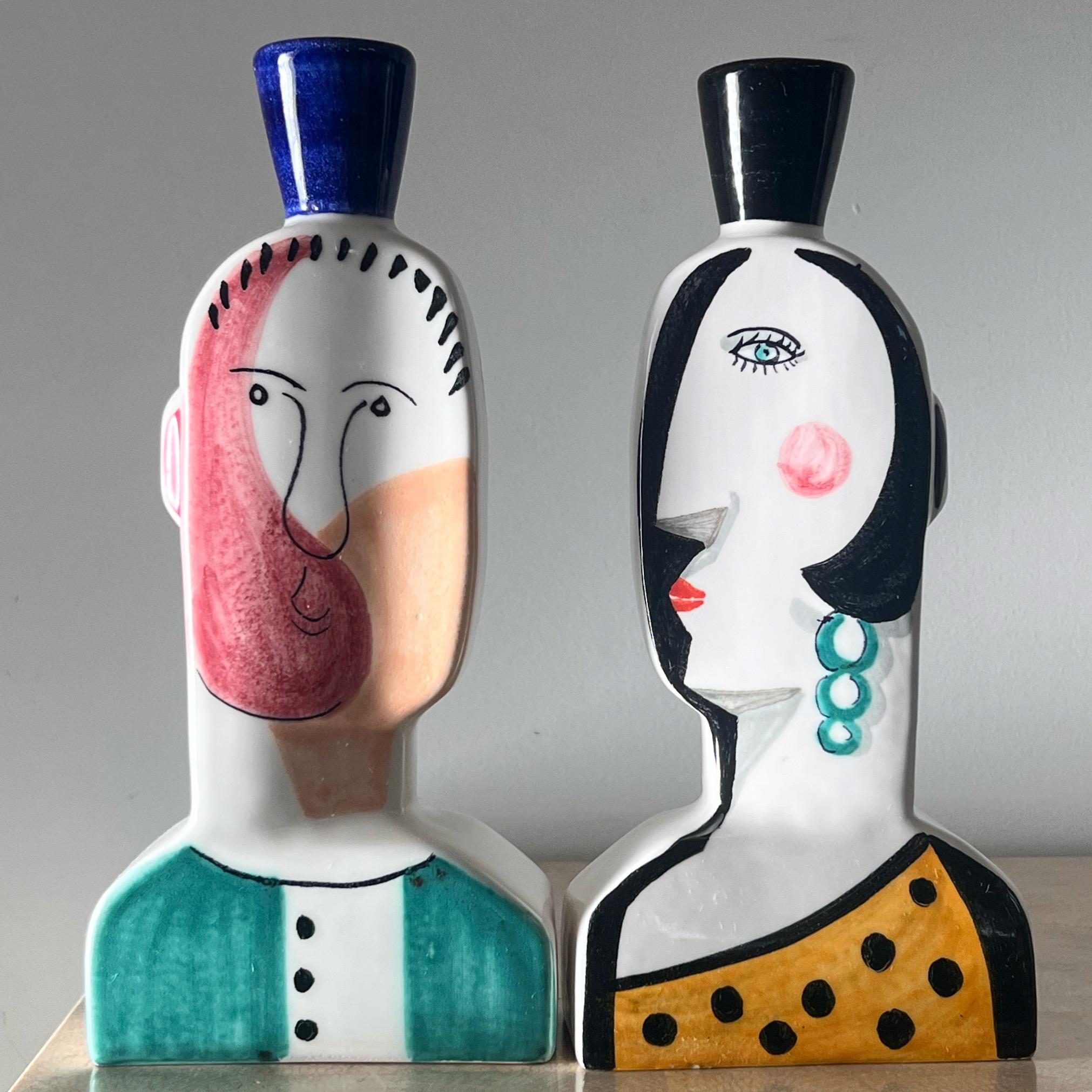 Spanish Cubist figurative “Face” candlesticks, signed by artist, 20th century 1