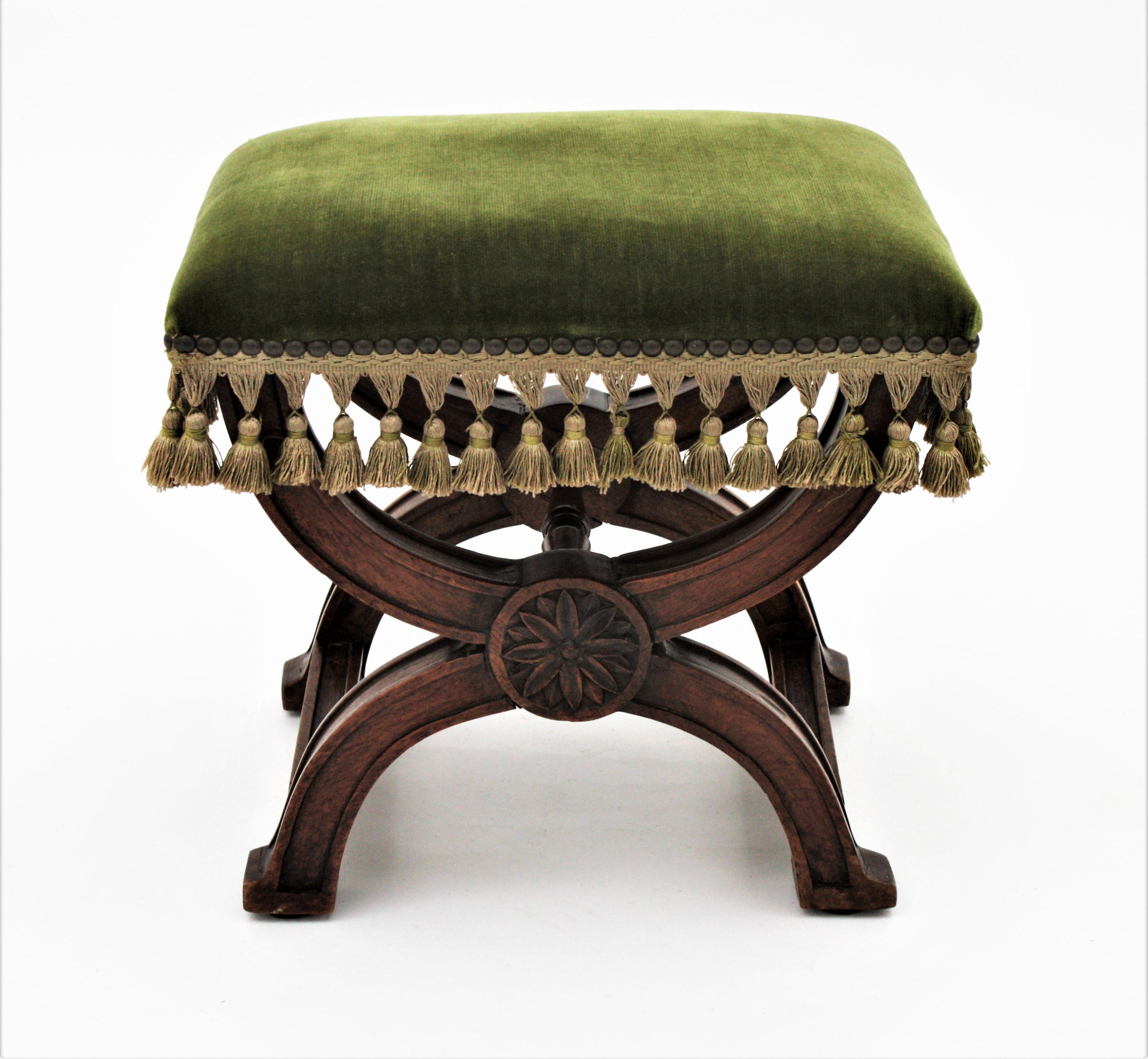 Renaissance Revival Spanish Curule Stool in Wanut and Green Velvet Upholstery For Sale
