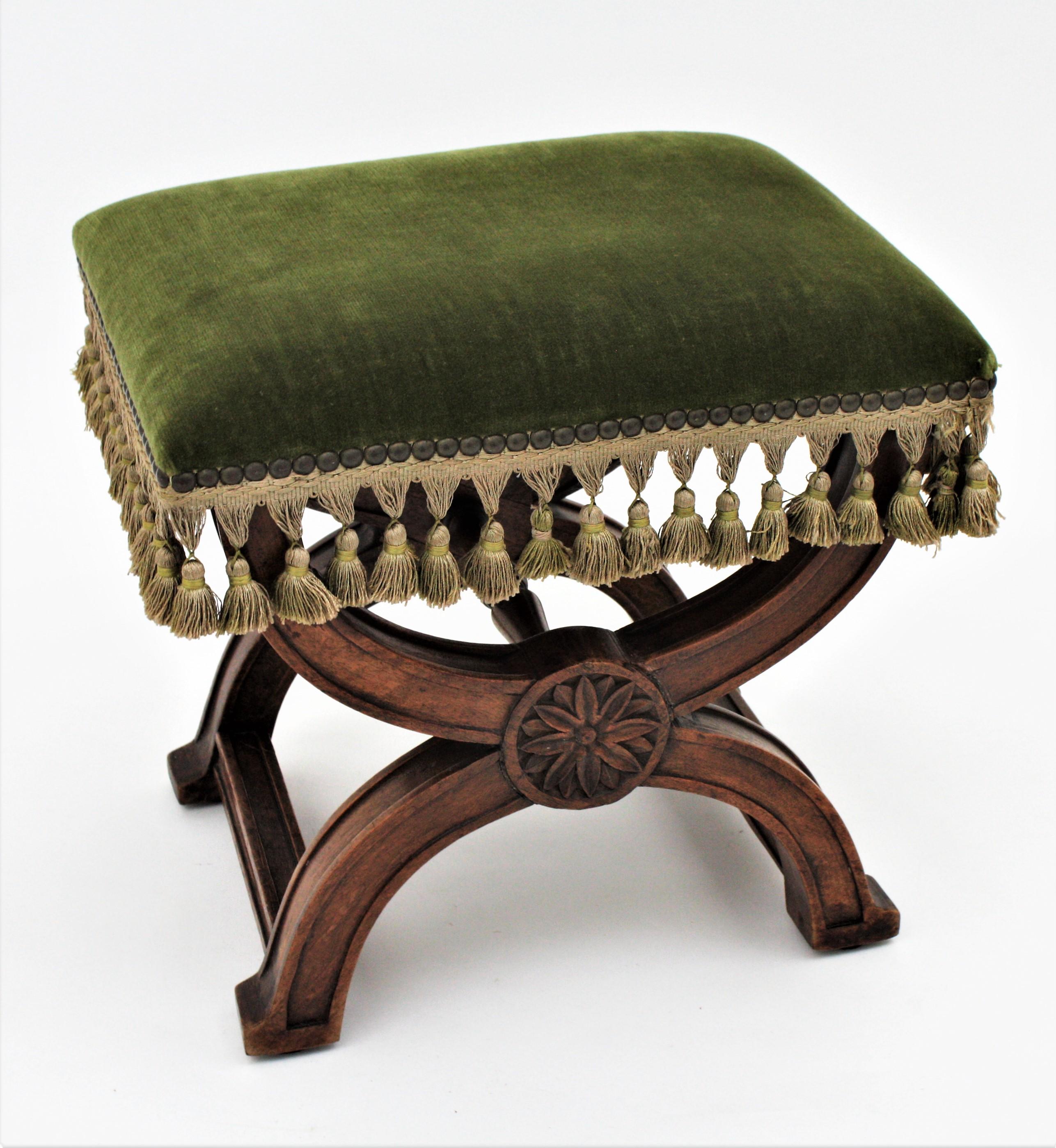 19th Century Spanish Curule Stool in Wanut and Green Velvet Upholstery For Sale