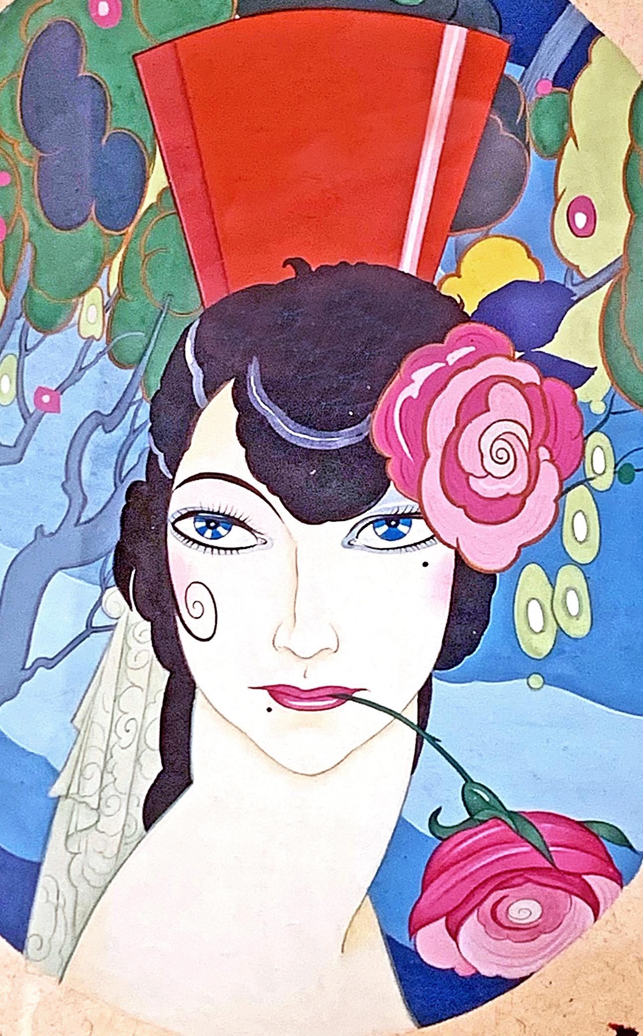 This quintessential Art Deco image, executed in a brilliant palette of Carmen, pale purple, rose and green, depicts a wide-eyed and exotic Spanish woman with bright red hair ornament and a rose clenched in her mouth. Surrounding her is a lush Art