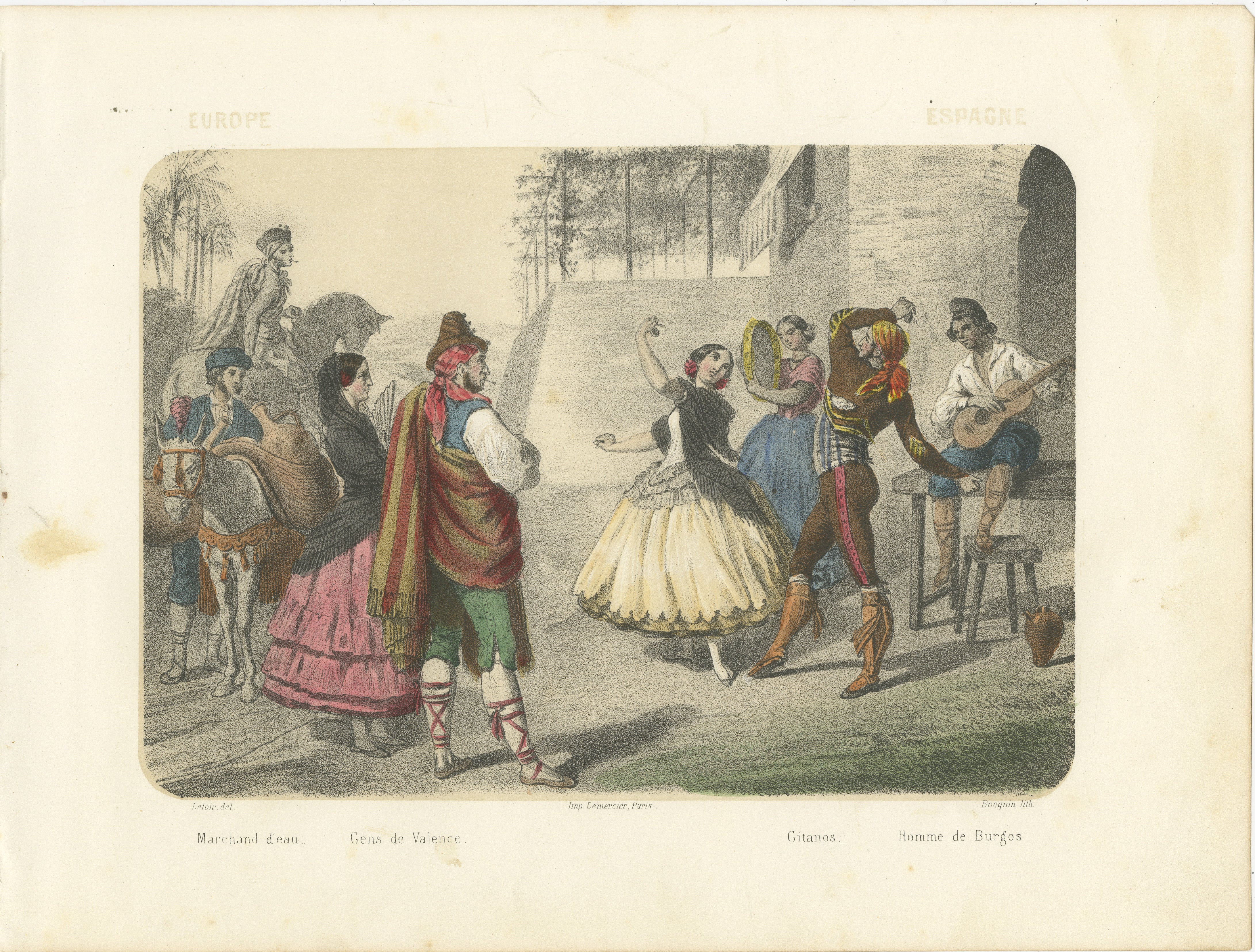 Spanische Tänzer und regionale Kostüme - Gitano und valencianische Figuren, um 1845

Diese farbenfrohe handkolorierte Lithografie mit dem Titel 