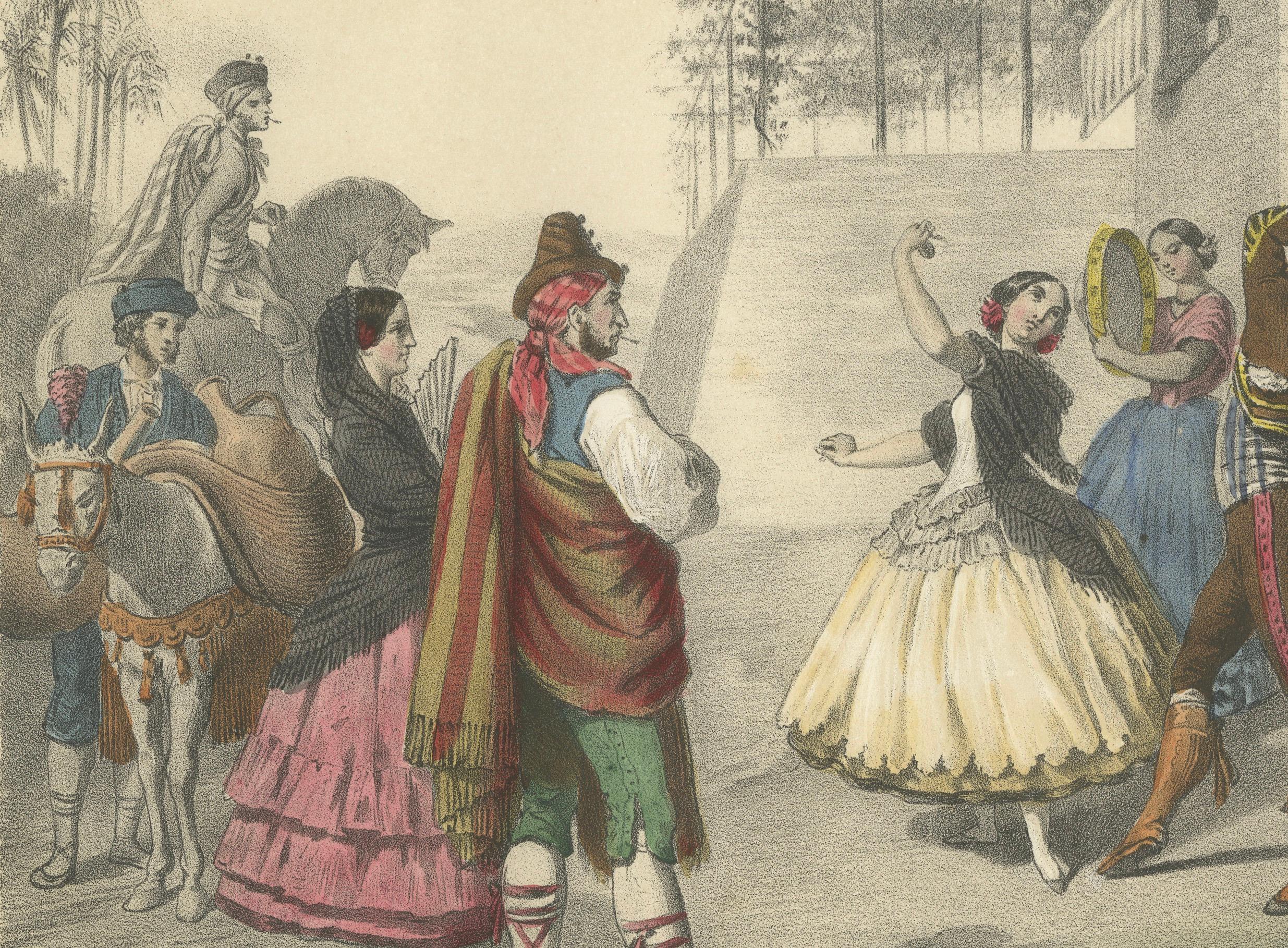 Spanische Tänzer und regionale Kostüme - Gitano und valencianische Figuren, um 1845 (Mittleres 19. Jahrhundert) im Angebot
