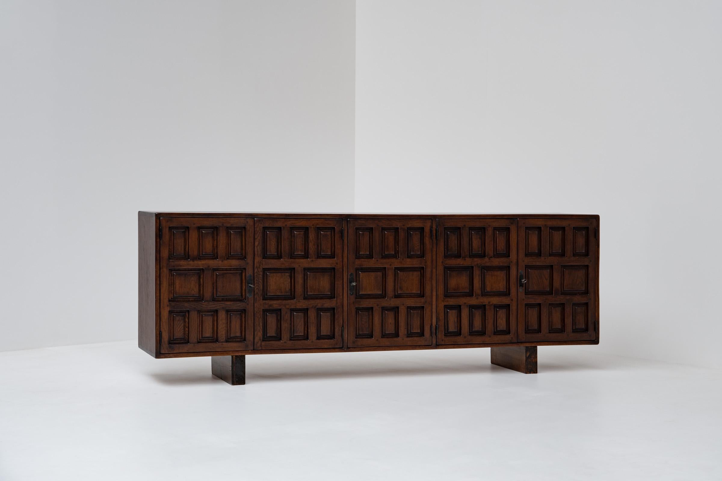 Brutalist Spanish Dark Oak Sideboard, 1960s For Sale