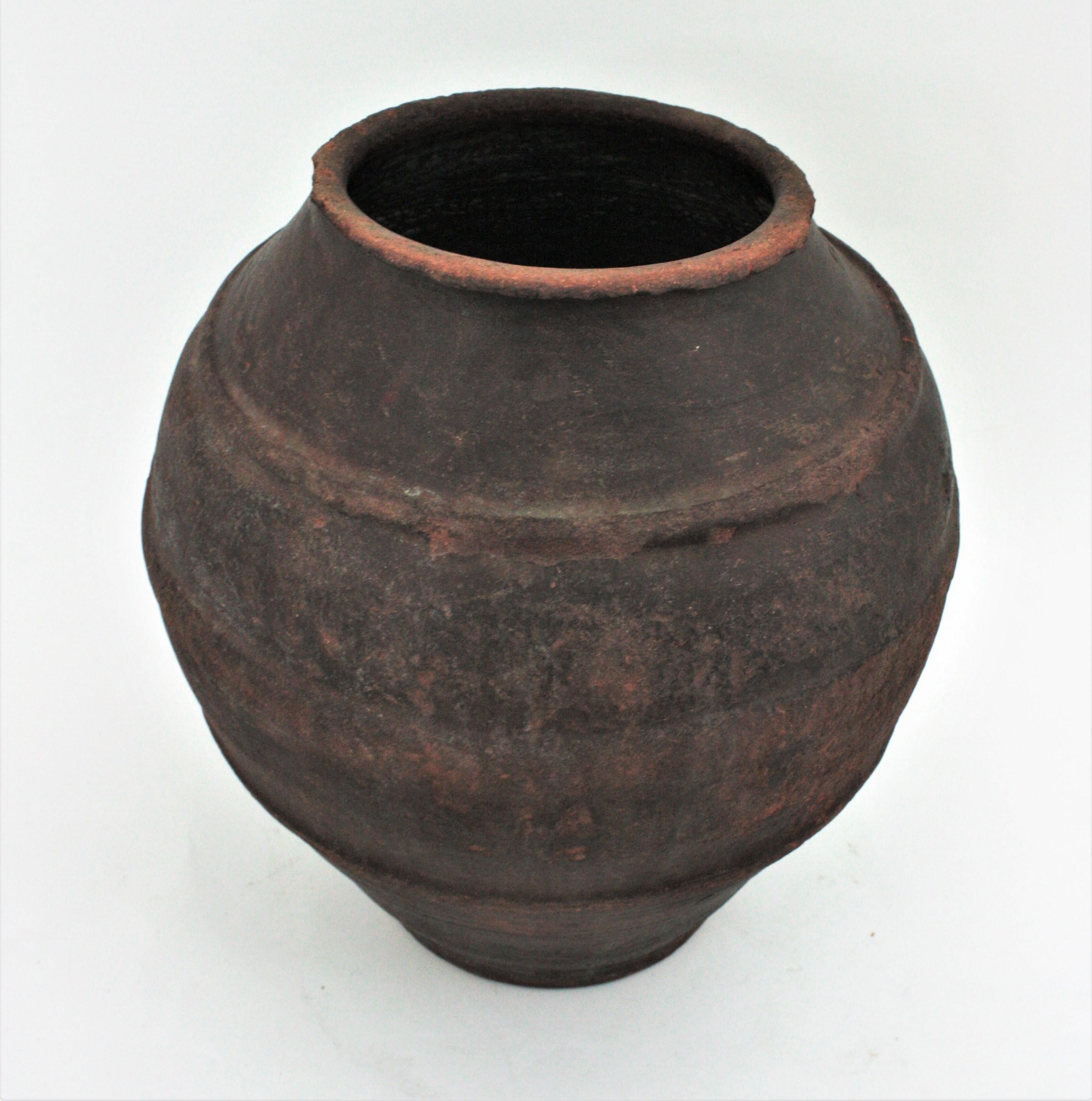 Spanish Dark Terracotta Olive Jar / Vessel For Sale 6