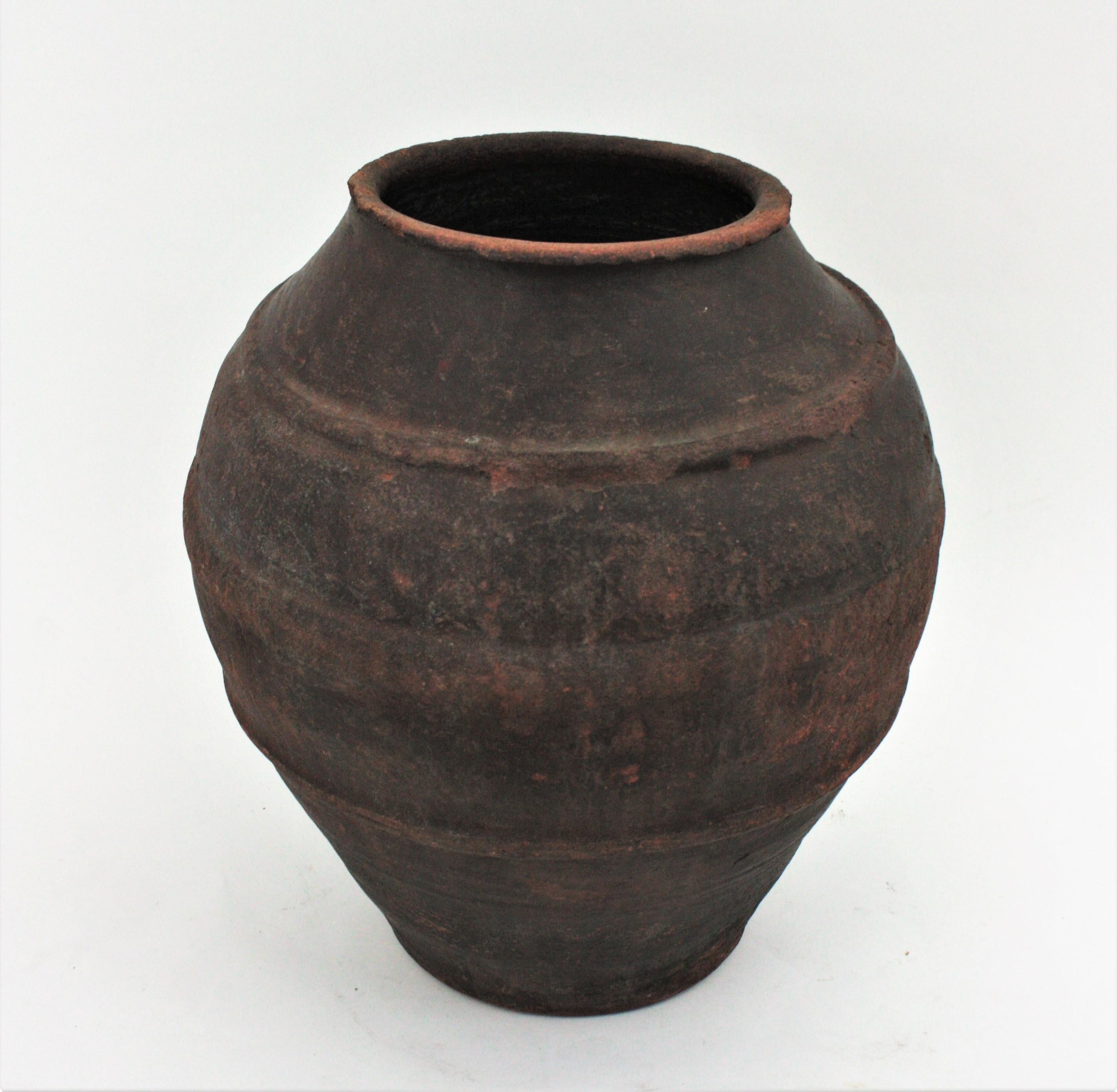 Country Spanish Dark Terracotta Olive Jar / Vessel For Sale