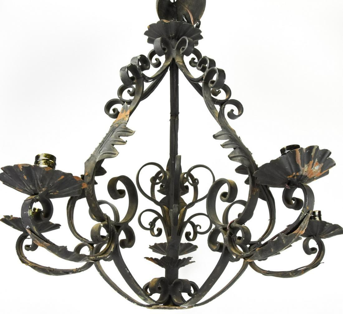 Spanish decorative scrolled, hand painted wrought iron, six-light chandelier.
