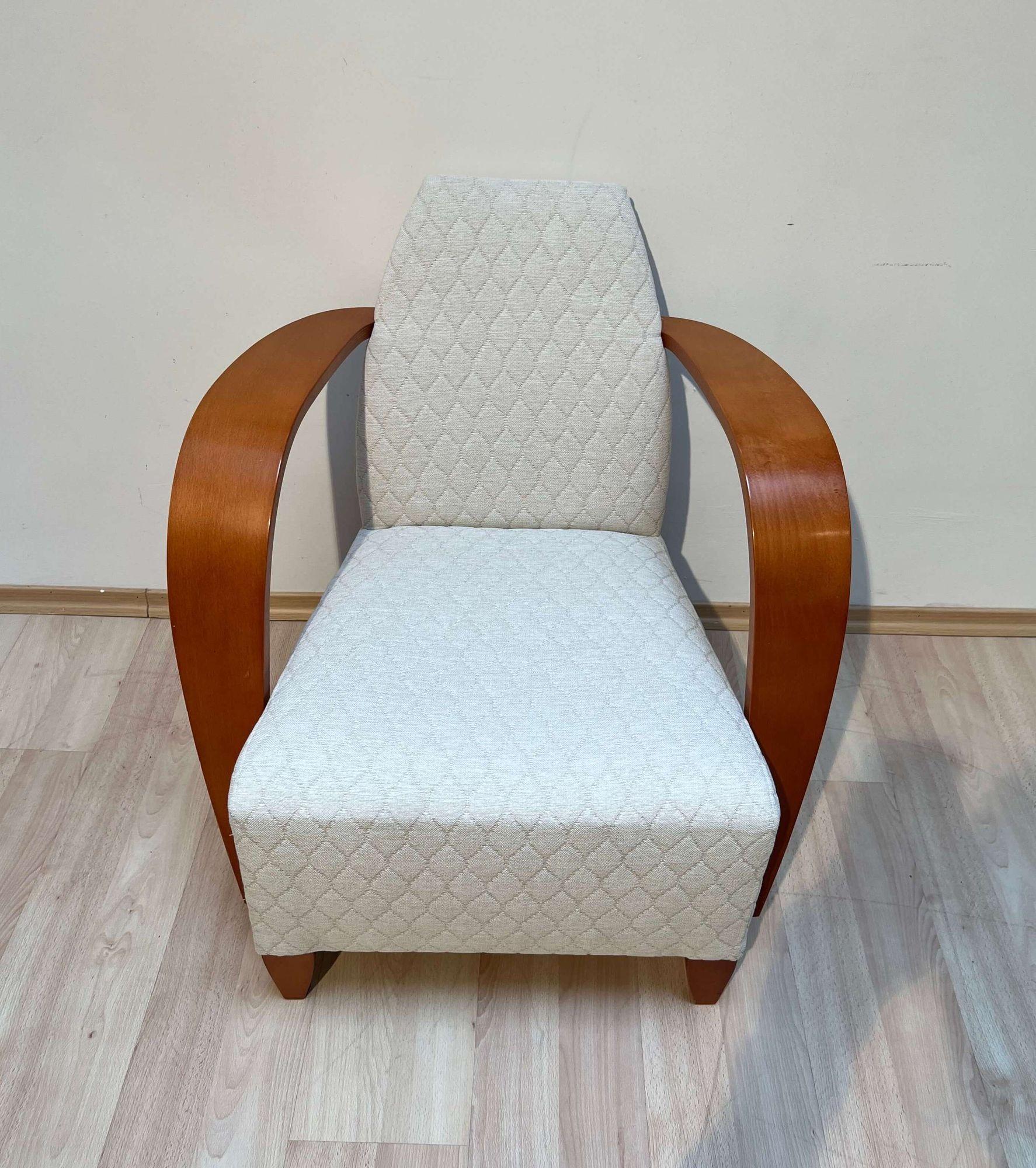 Modern Design Arm Chair, Beech Wood, Cream-white Quilt Fabric, Spain, 1990s For Sale