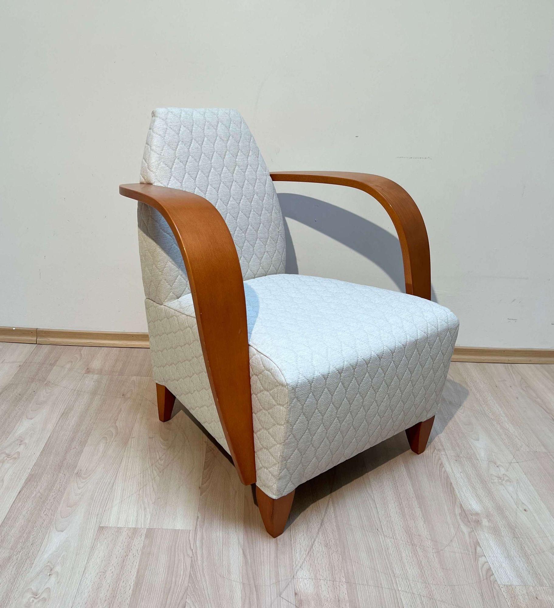 Spanish Design Arm Chair, Beech Wood, Cream-white Quilt Fabric, Spain, 1990s For Sale