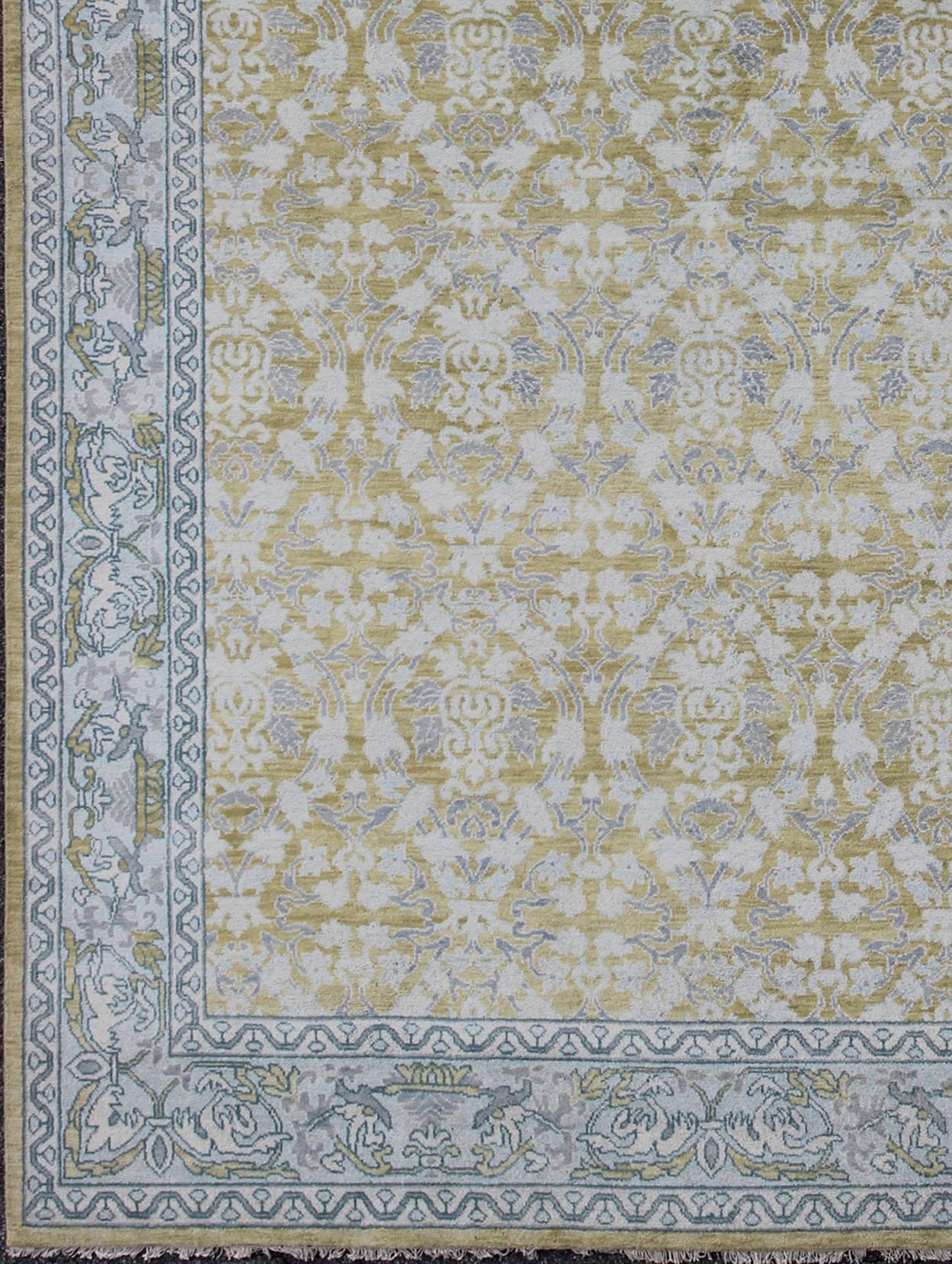 Modern Spanish Design Rug with All-Over Floral Pattern in Acid Yellow Green Grey & Blue For Sale