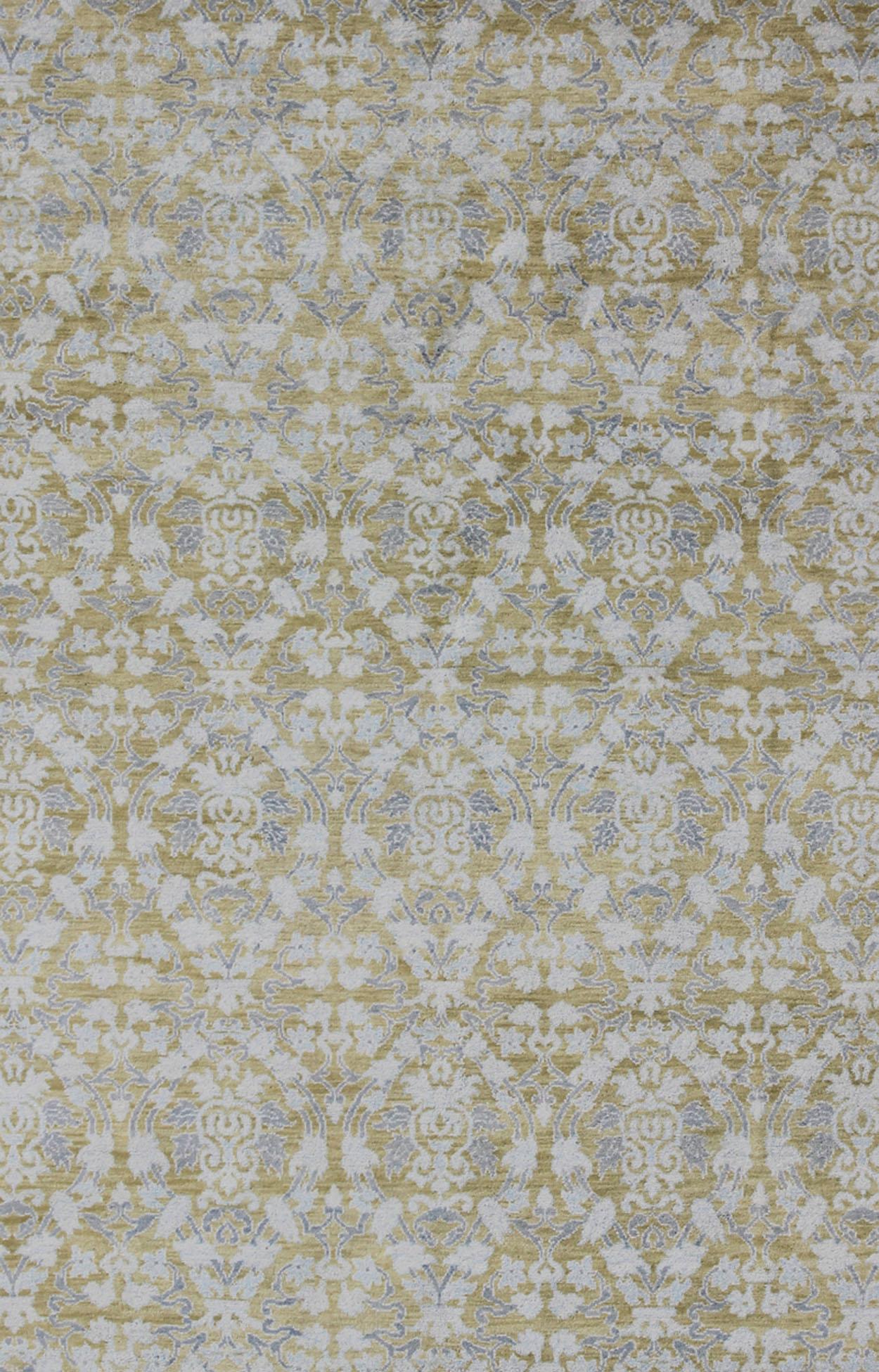 Indien Tapis de design espagnol à motifs floraux sur toute sa surface en jaune, vert, gris et bleu à l'acide en vente