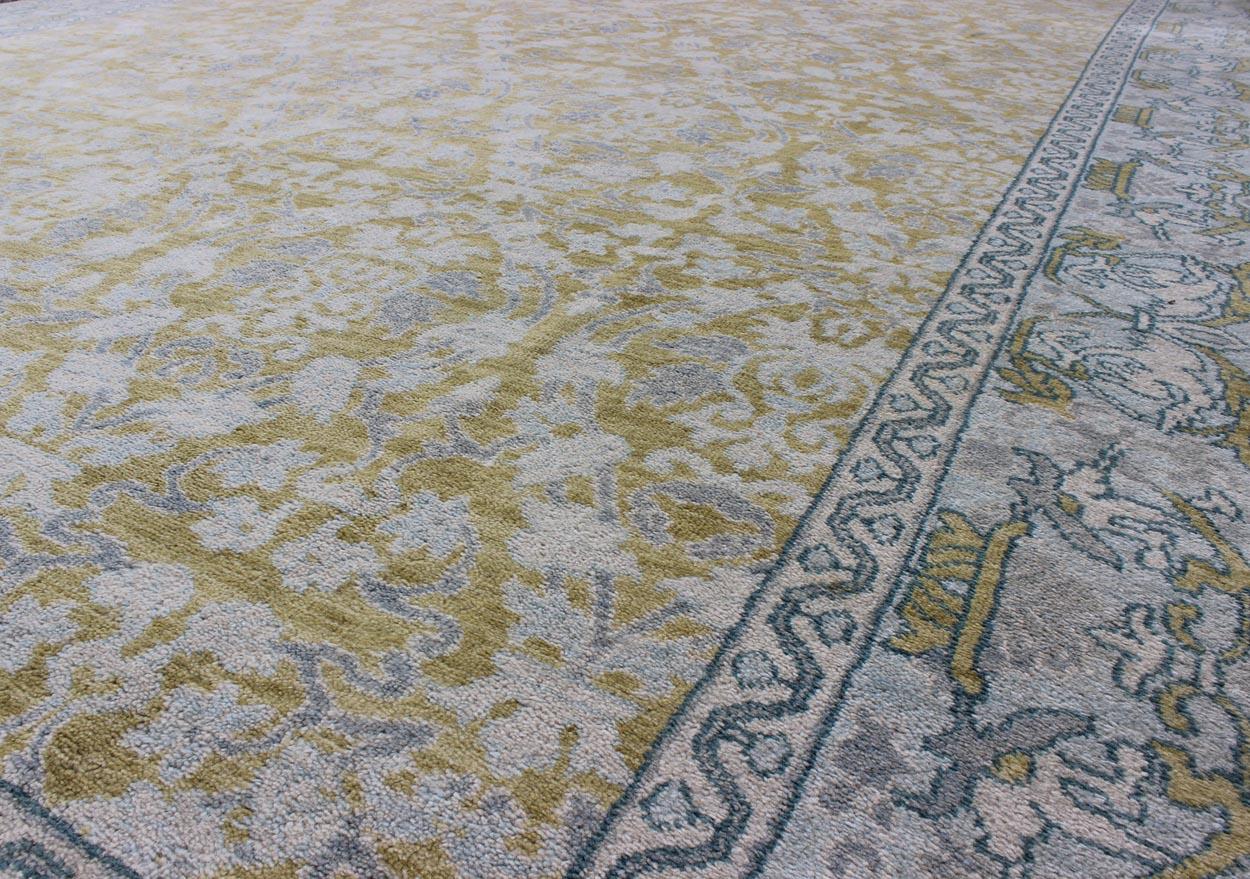 Hand-Knotted Spanish Design Rug with All-Over Floral Pattern in Acid Yellow Green Grey & Blue For Sale