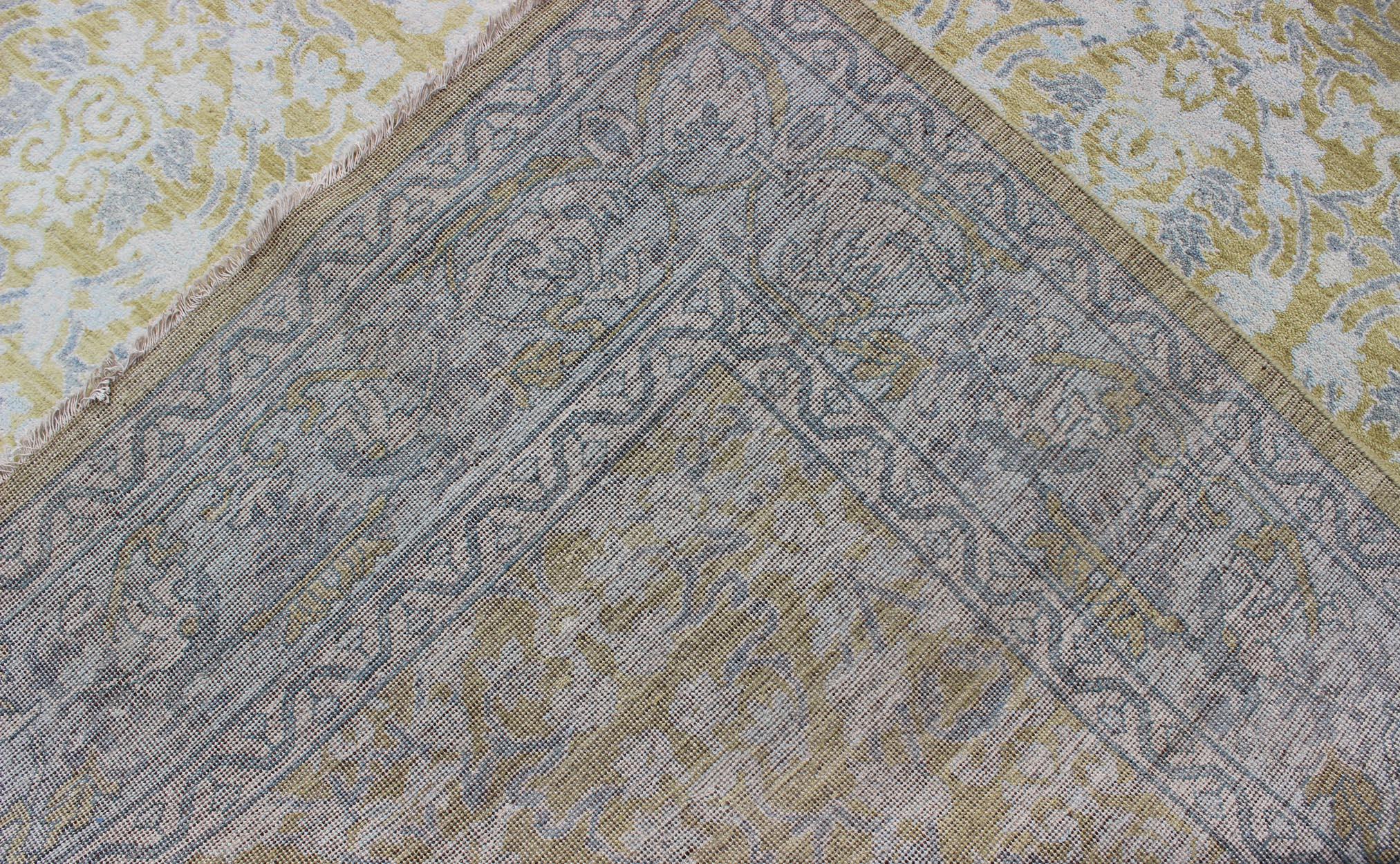Spanish Design Rug with All-Over Floral Pattern in Acid Yellow Green Grey & Blue In Excellent Condition For Sale In Atlanta, GA