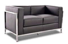 SPANISH DESIGNER ARMCHAIR 2 Places STAINLESS STEEL, BLACK FAUX LEATHER - New