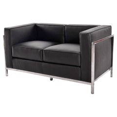 SPANISH DESIGNER ARMCHAIR 2 Places STAINLESS STEEL, BLACK FAUX LEATHER - New