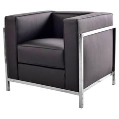 SPANISH DESIGNER ARMCHAIR, STAINLESS STEEL, BLACK FAUX LEATHER - New
