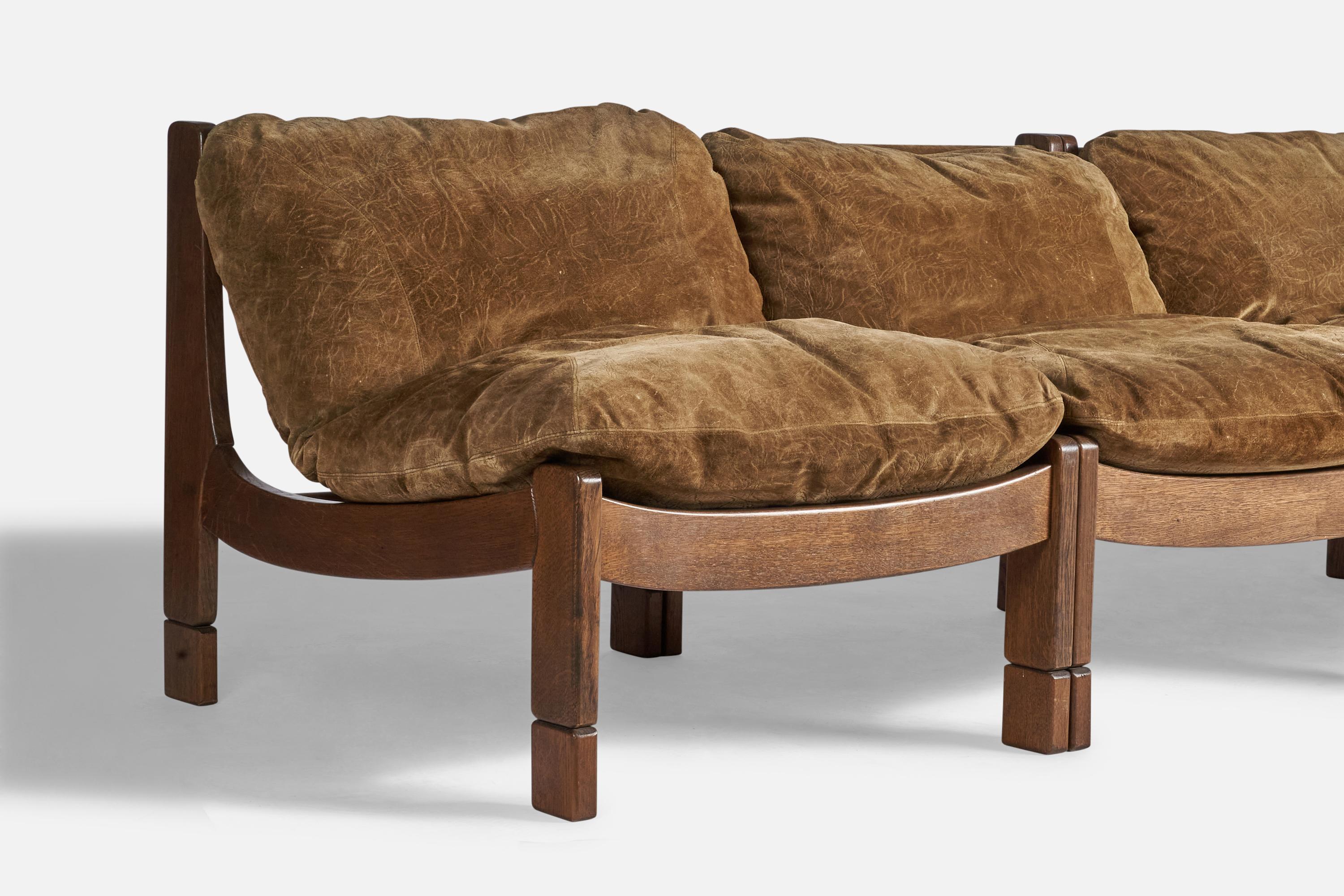 Mid-Century Modern Spanish Designer, Sectional Sofa & Ottoman, Oak, Suede, Spain, 1950s For Sale
