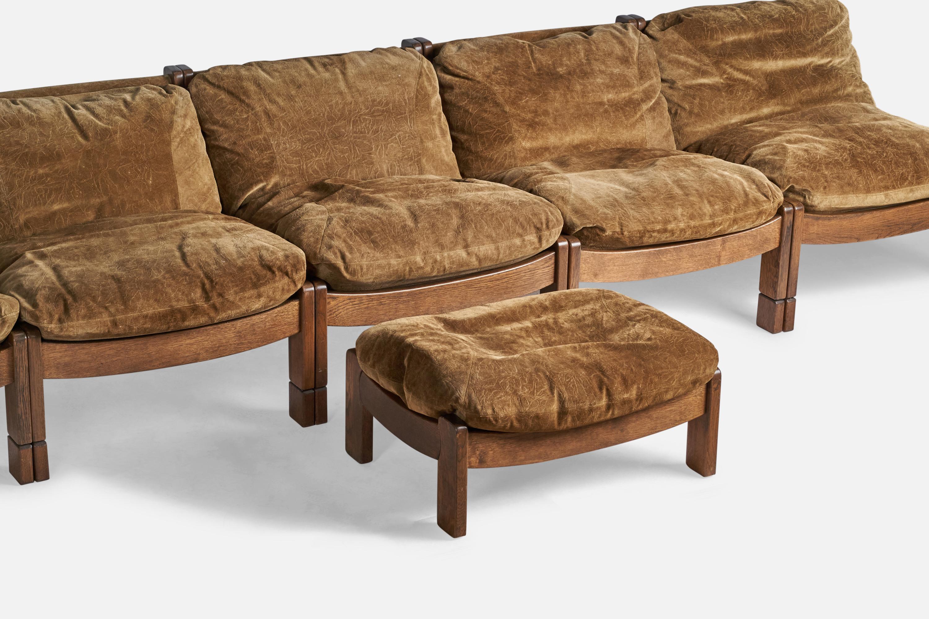 Mid-20th Century Spanish Designer, Sectional Sofa & Ottoman, Oak, Suede, Spain, 1950s For Sale