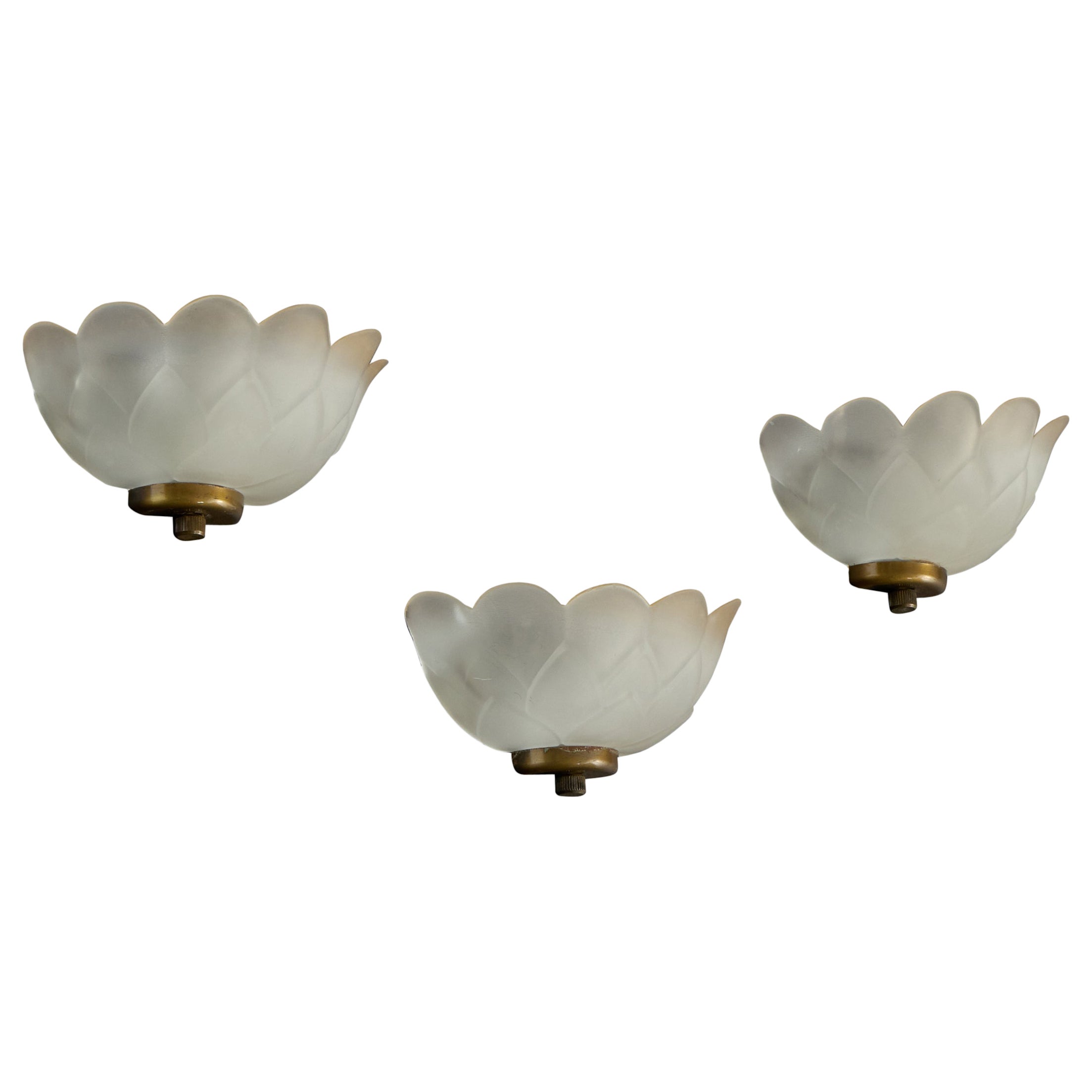 Spanish Designer, Wall Lights, Glass, Brass, Spain, 1990s For Sale
