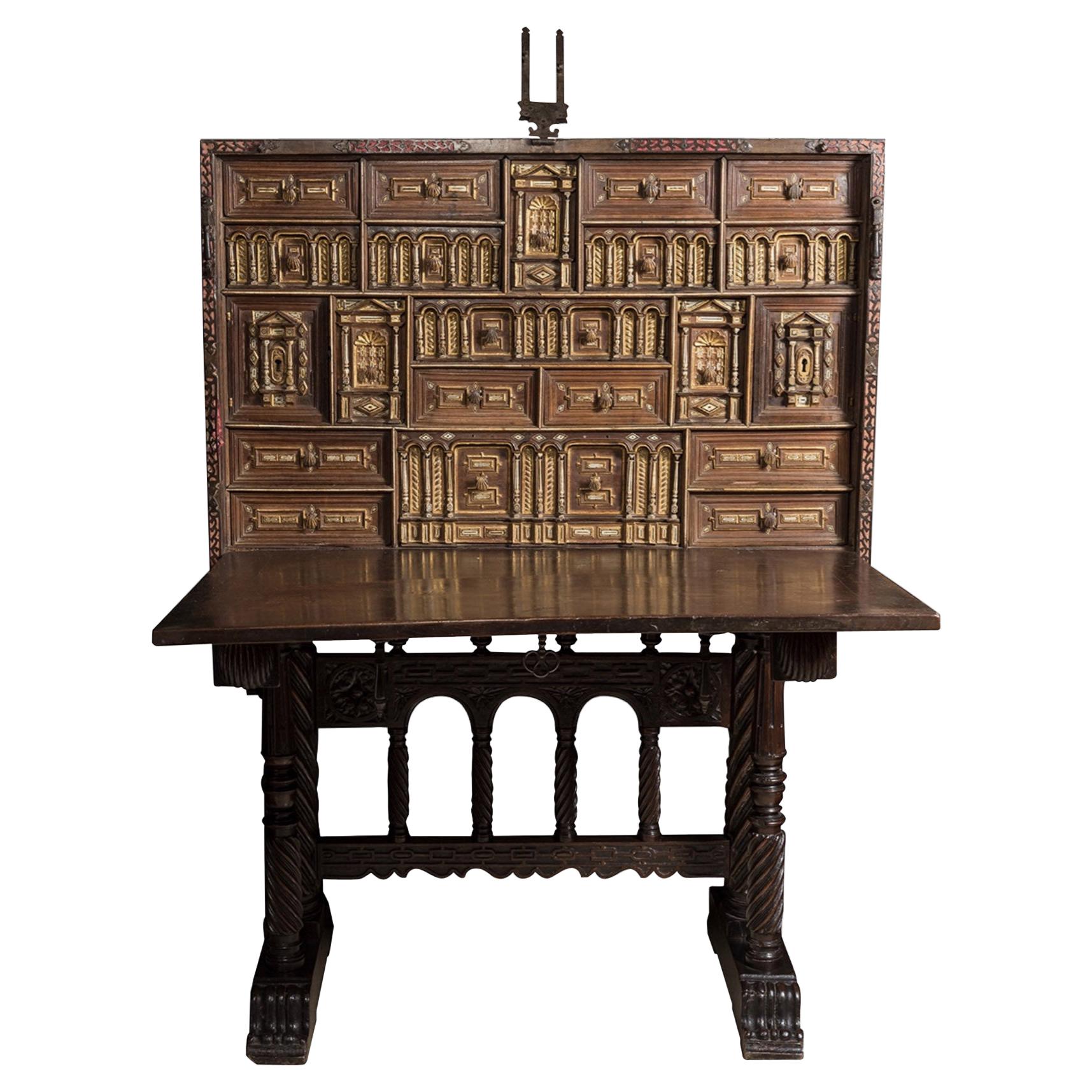 Spanish Desk or Cabinet or Bargueño, 17th Century, Stool or Base, 19th Century