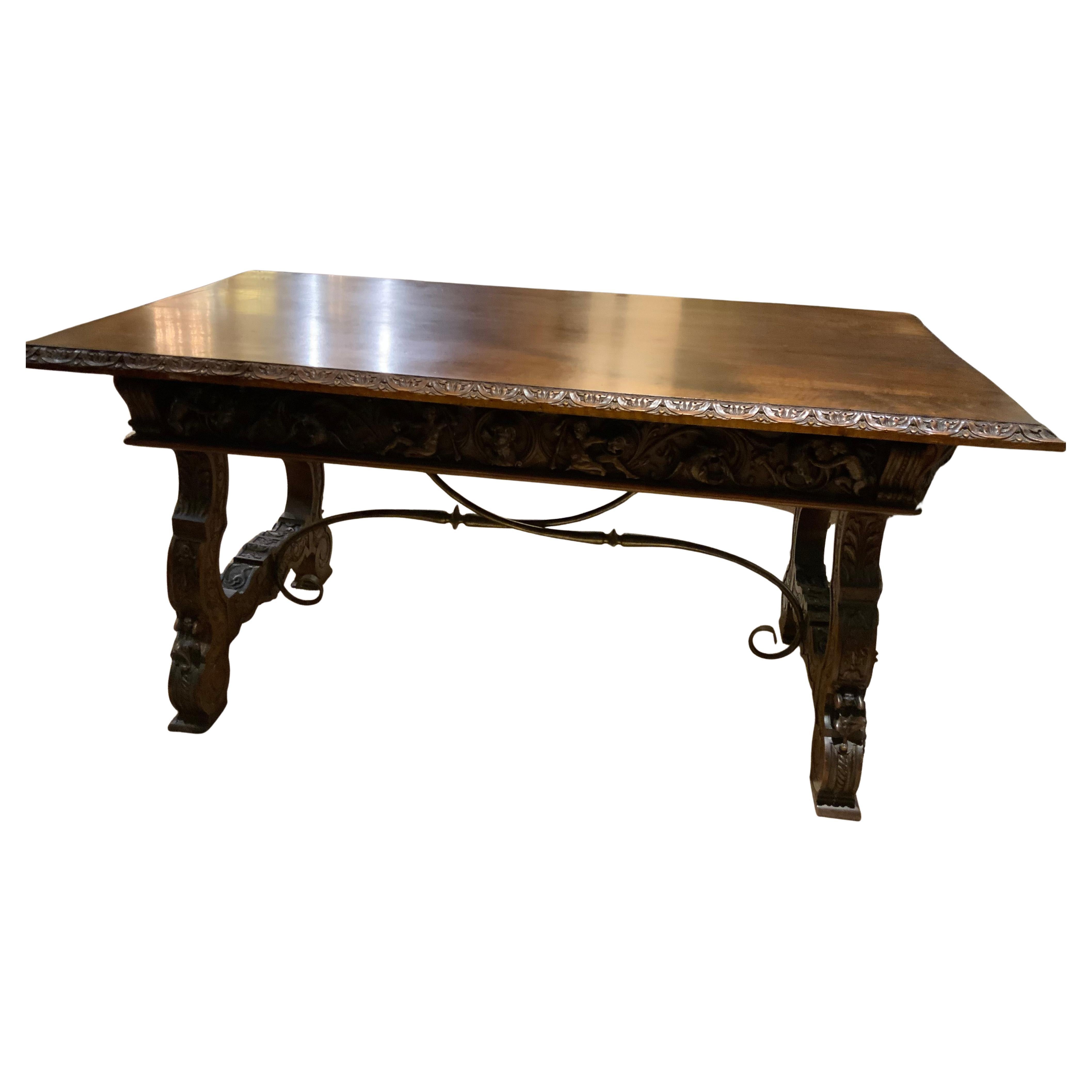 Spanish desk/table 19 th c walnut hand carved