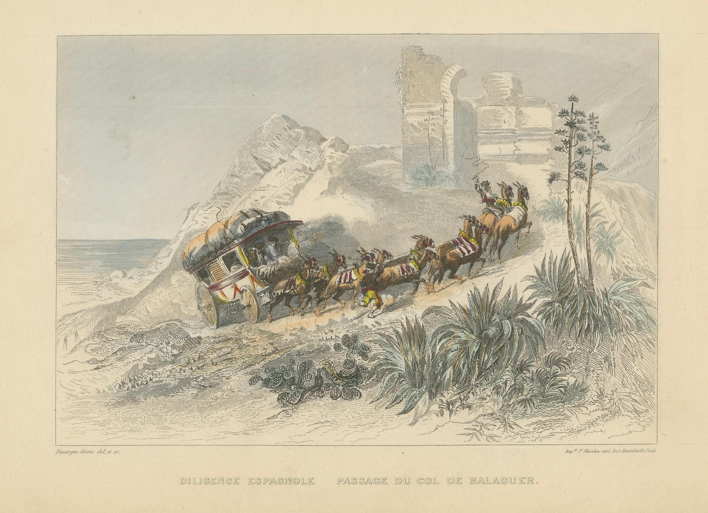 Spanischer Fleiß beim Passieren des Balaguer-Passes - Handkolorierter Kupferstich von Rouargue Frères, um 1845

Beschreibung:
Ein schöner handkolorierter Stich aus dem 19. Jahrhundert mit dem Titel Diligence Espagnole - Passage du Col de Balaguer,