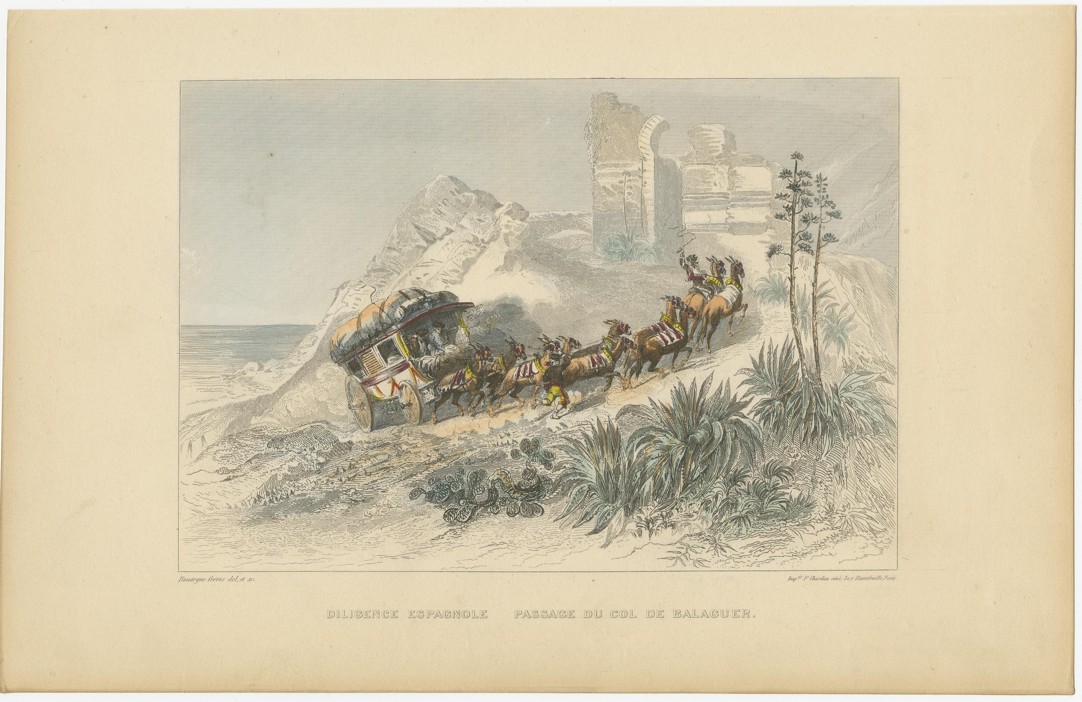 Spanischer Fleiß beim Passieren des Balaguer-Passes - Stich von Rouargue Frères, 1845 im Angebot 1