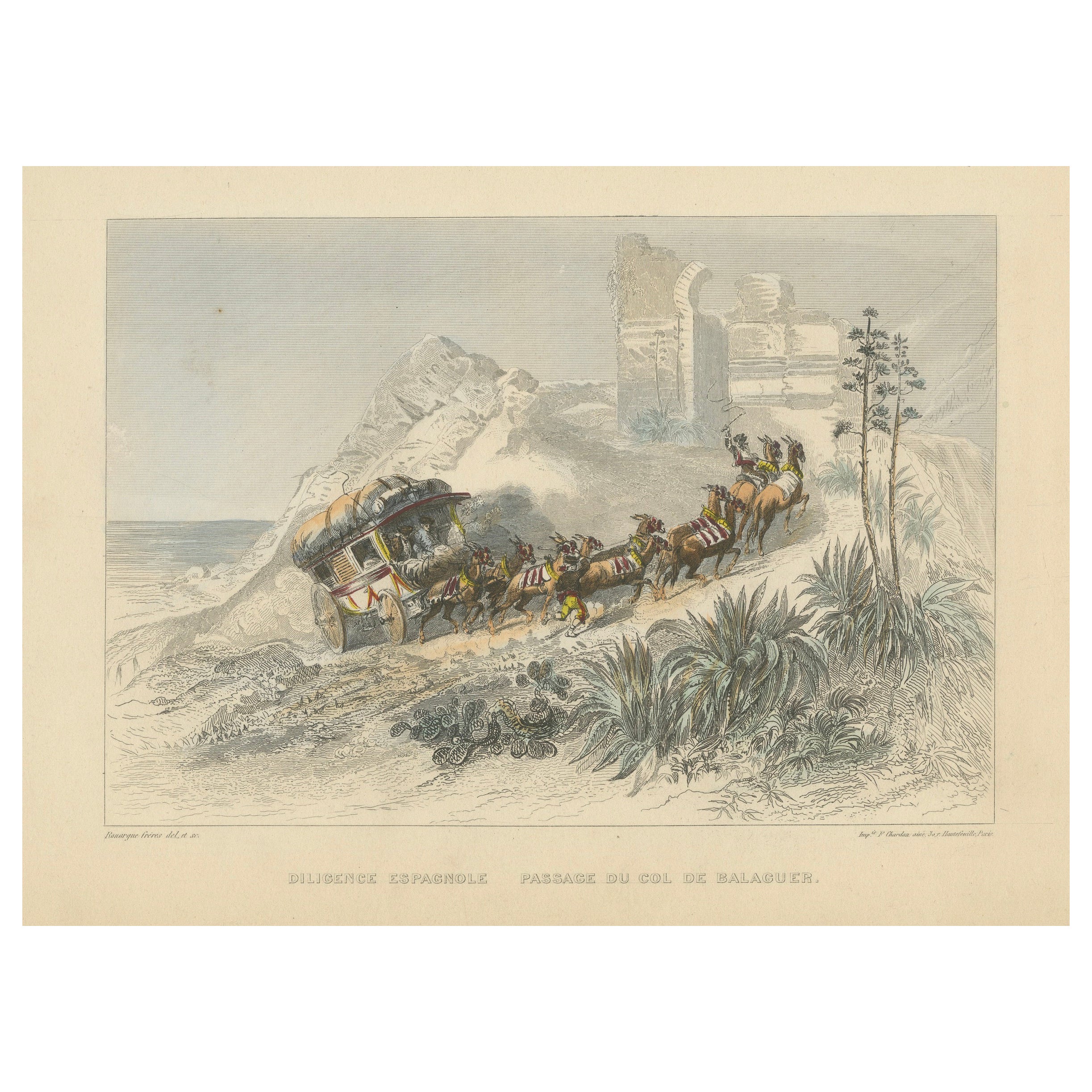 Spanischer Fleiß beim Passieren des Balaguer-Passes - Stich von Rouargue Frères, 1845 im Angebot