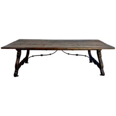 Spanish Dining Trestle Table with Iron Stretcher, circa 1930s