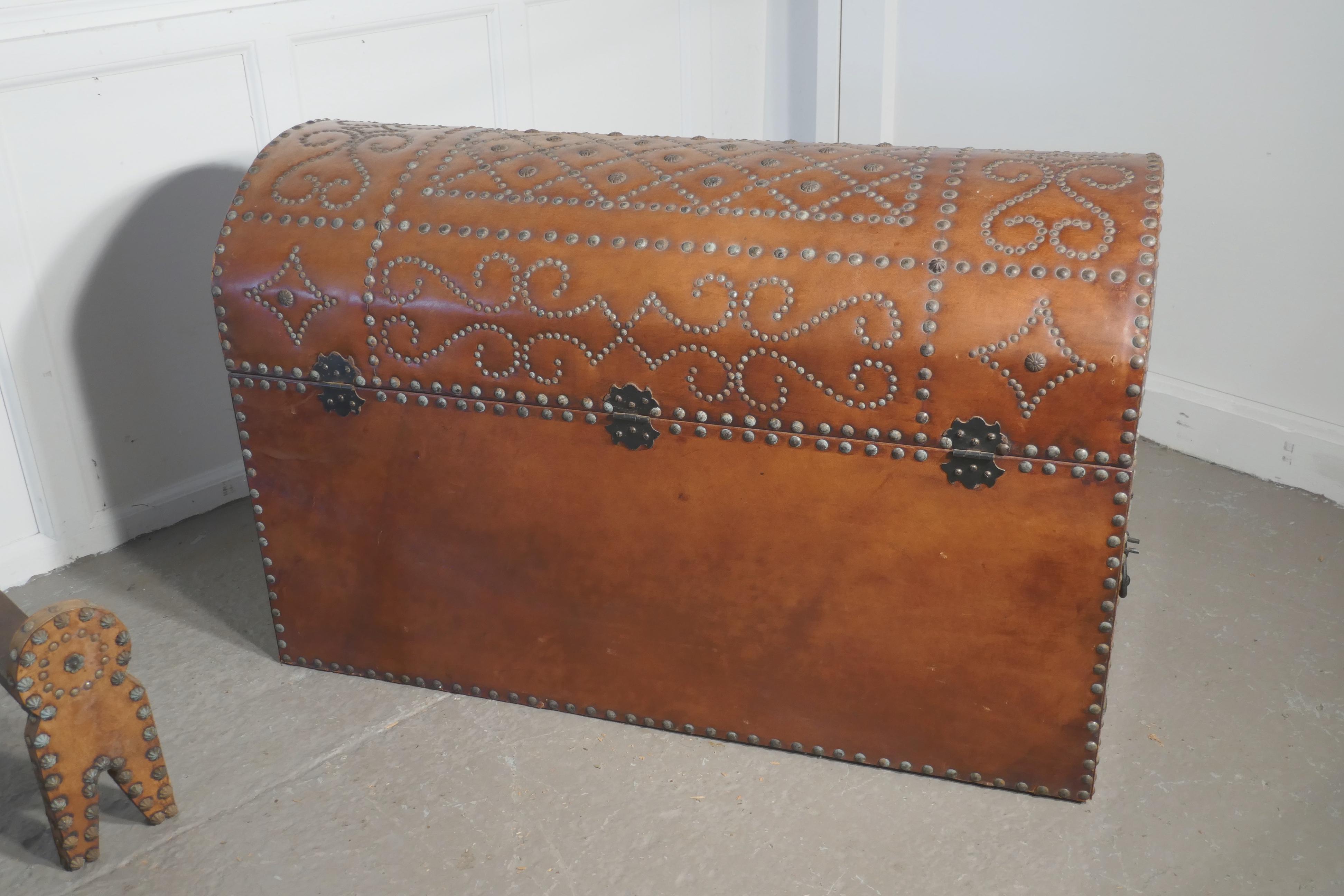 19th Century Spanish Dome Top Leather Brass Studded Marriage Chest or Travel Trunk