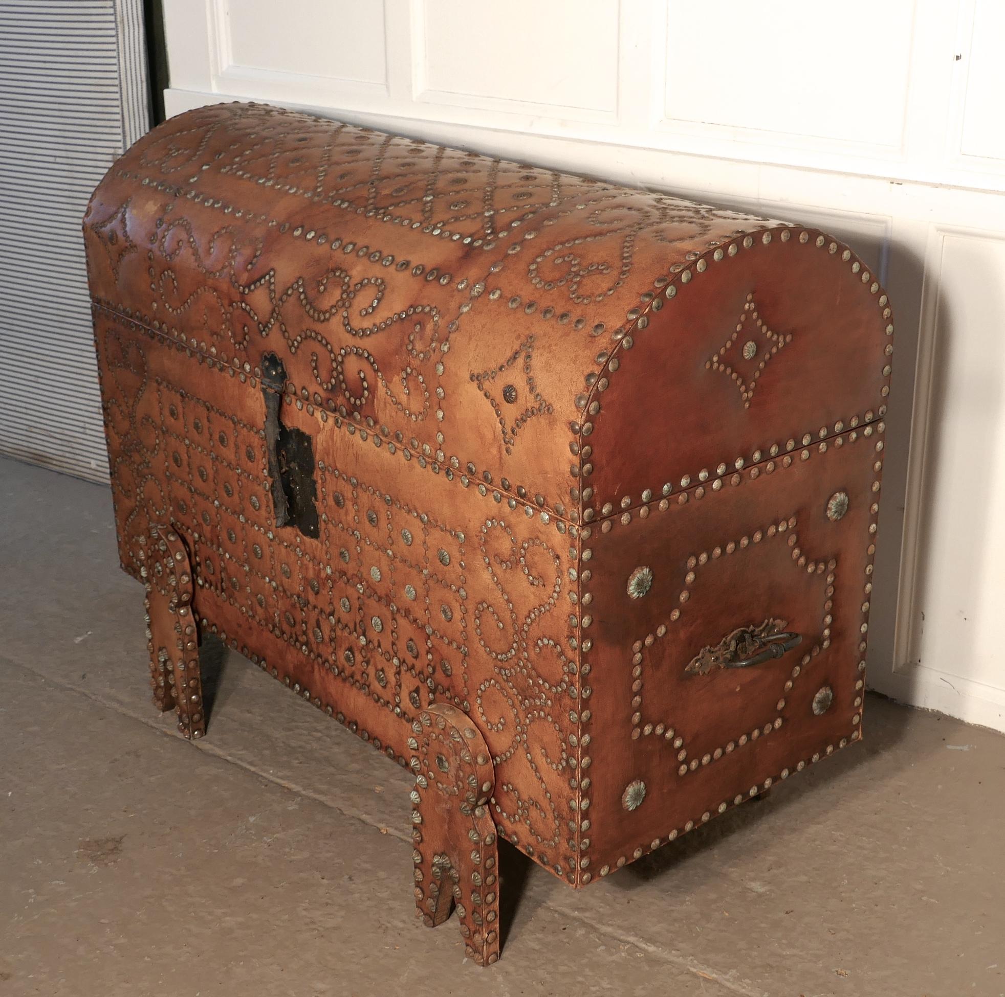 Spanish Dome Top Leather Brass Studded Marriage Chest or Travel Trunk 2