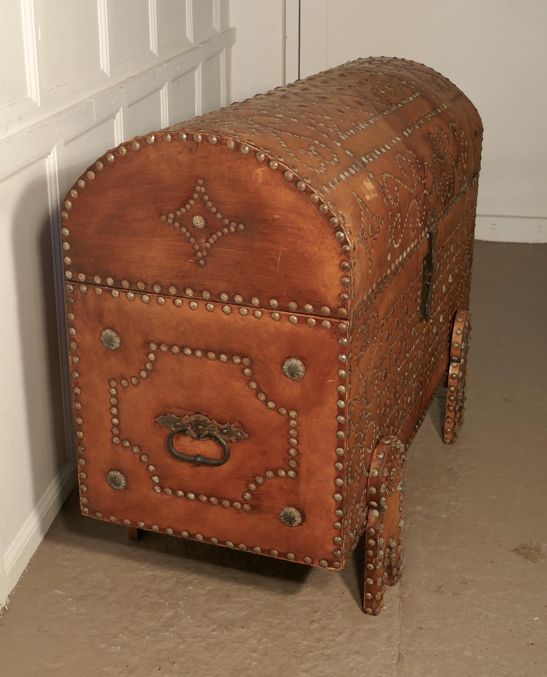 Spanish Dome Top Leather Brass Studded Marriage Chest or Travel Trunk 3