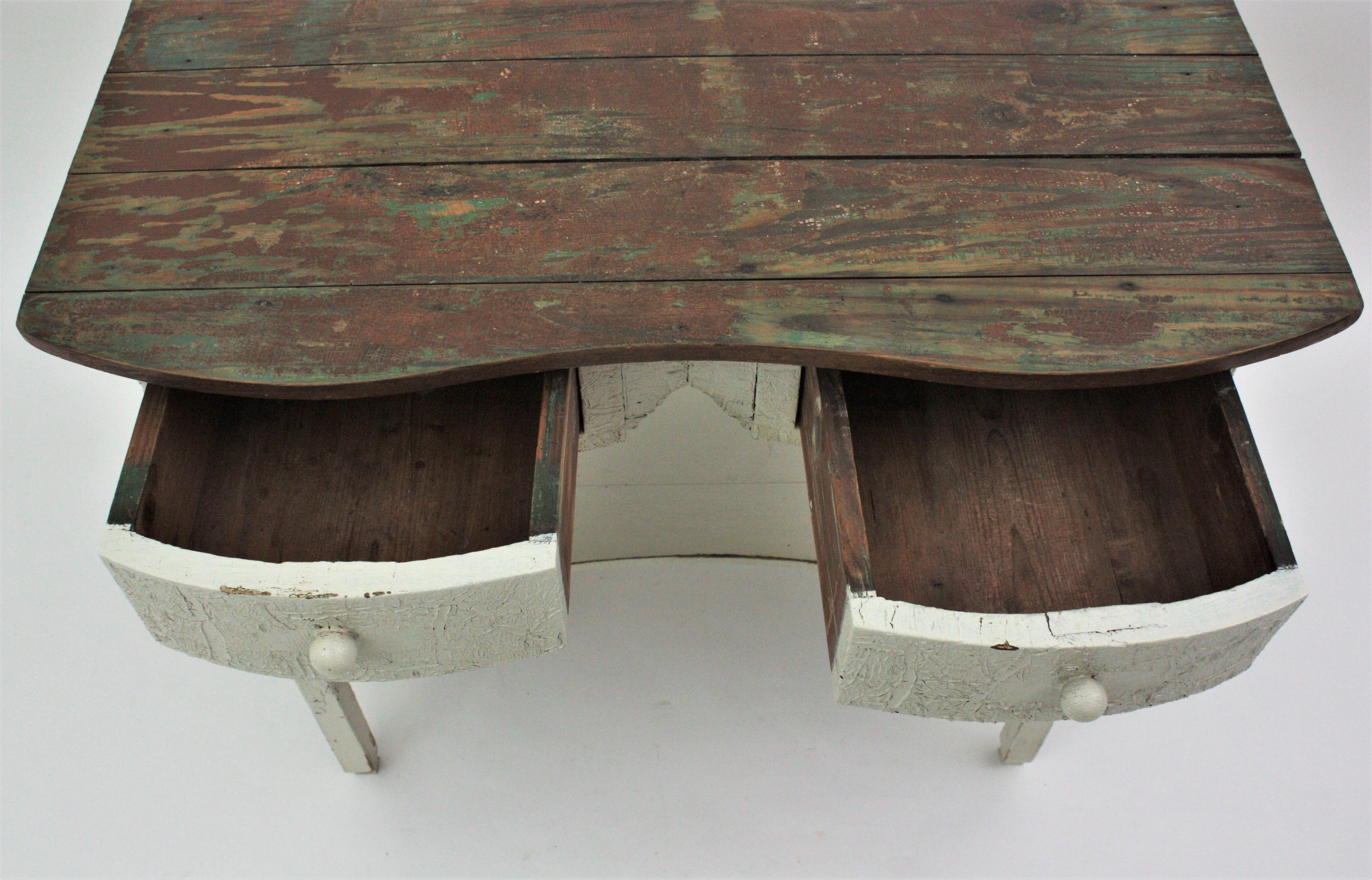 Spanish Double Drawer Rustic Table in Off-White Patina For Sale 7