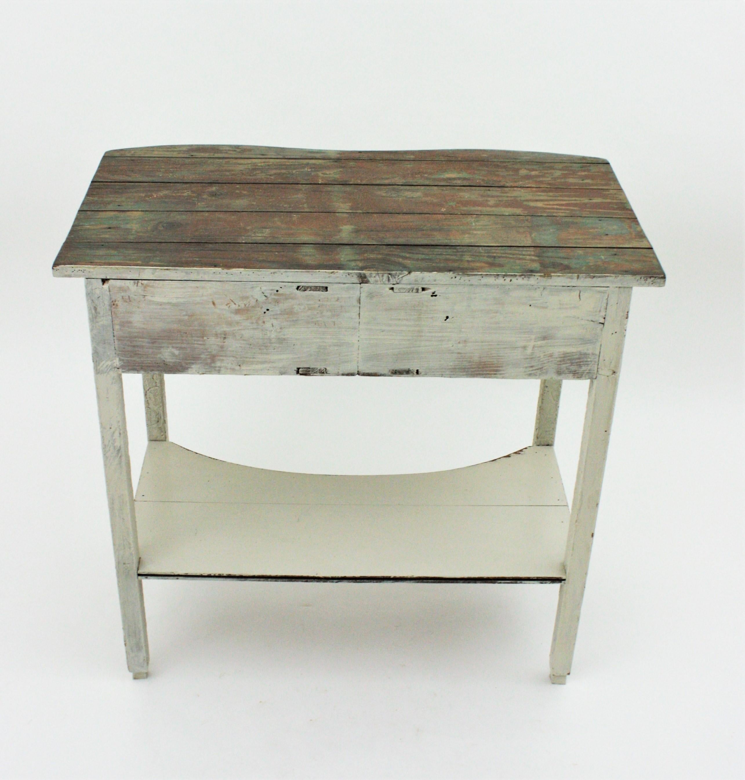 Spanish Double Drawer Rustic Table in Off-White Patina For Sale 8