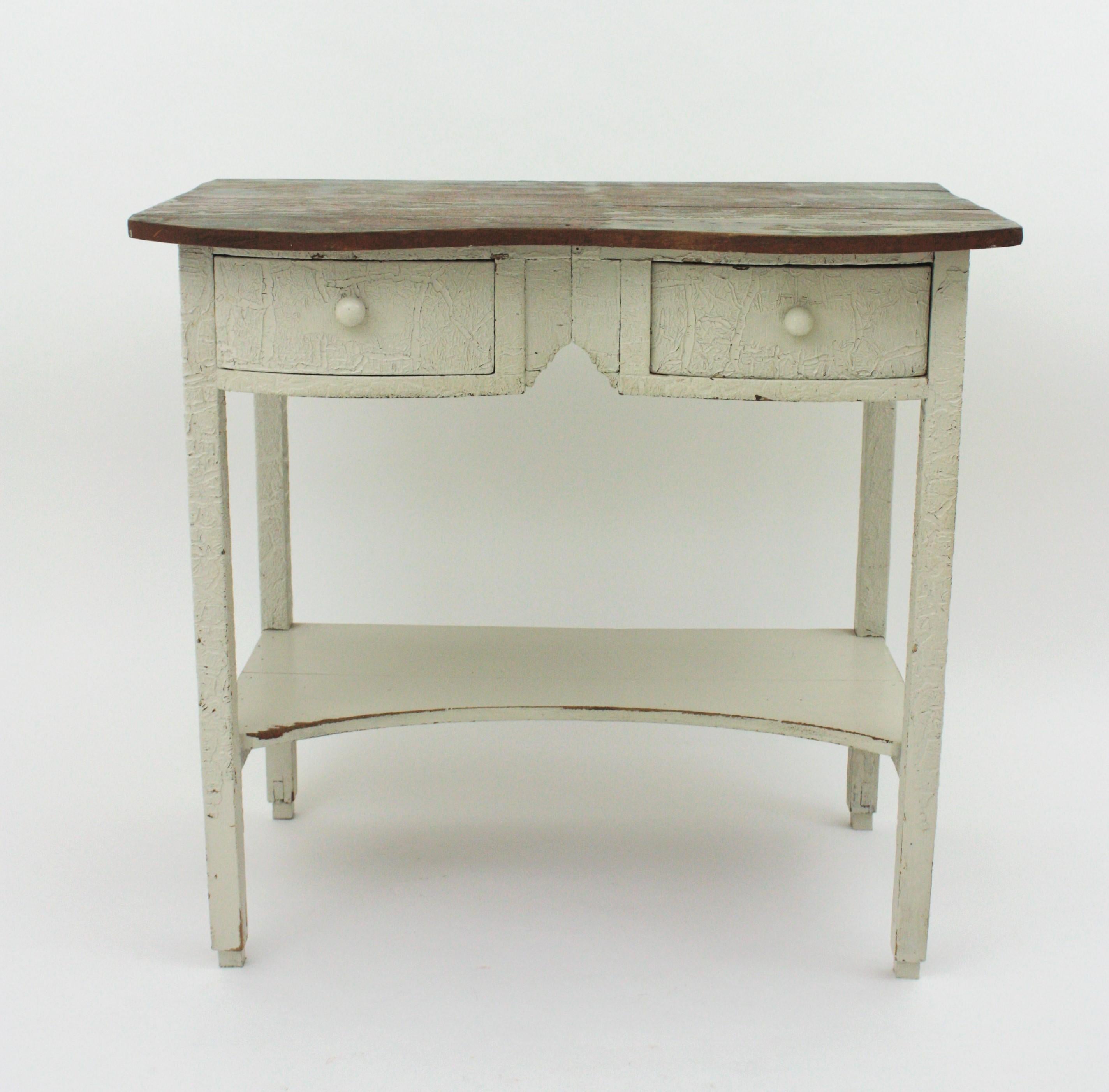 Painted Spanish Double Drawer Rustic Table in Off-White Patina For Sale