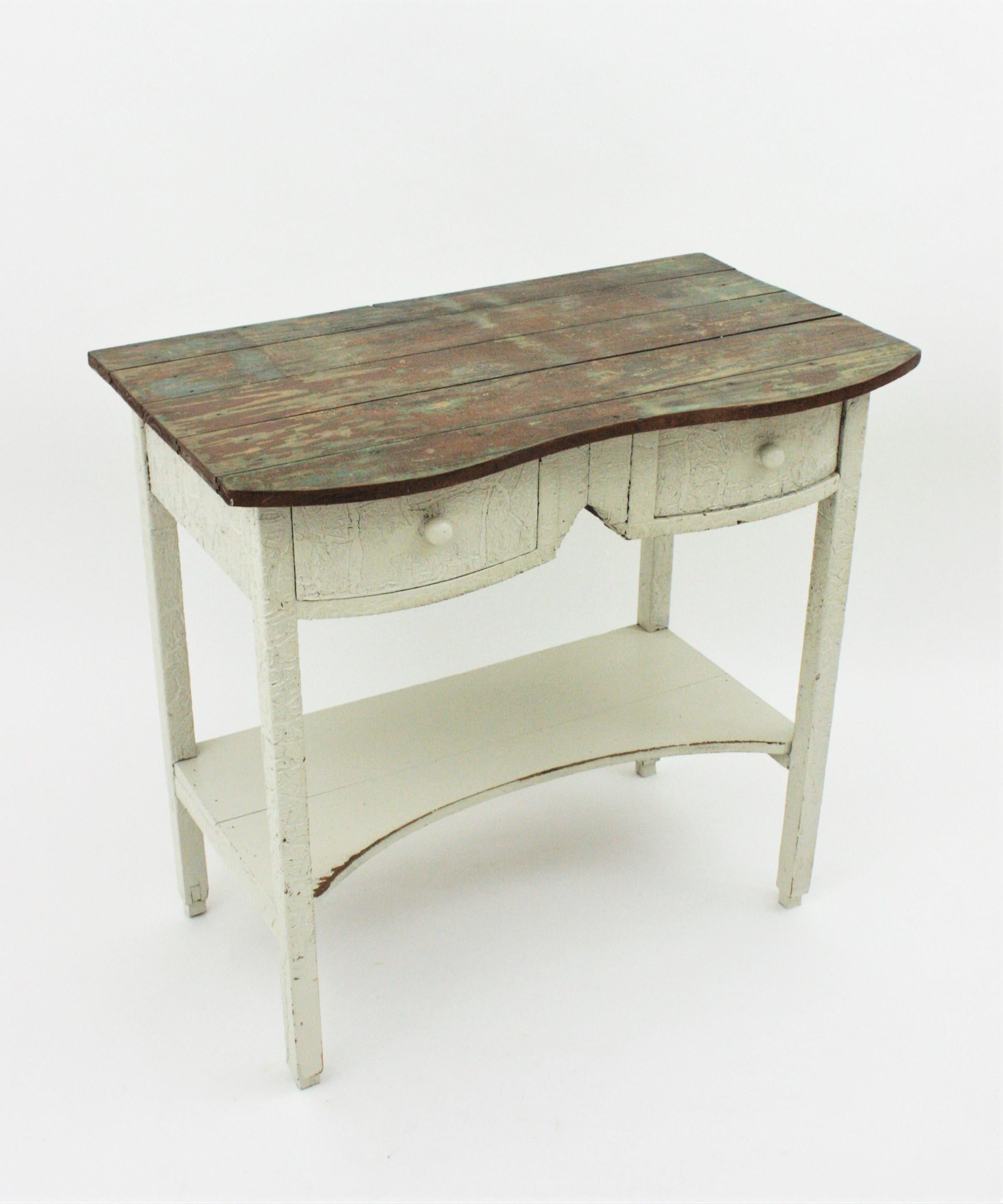 20th Century Spanish Double Drawer Rustic Table in Off-White Patina For Sale