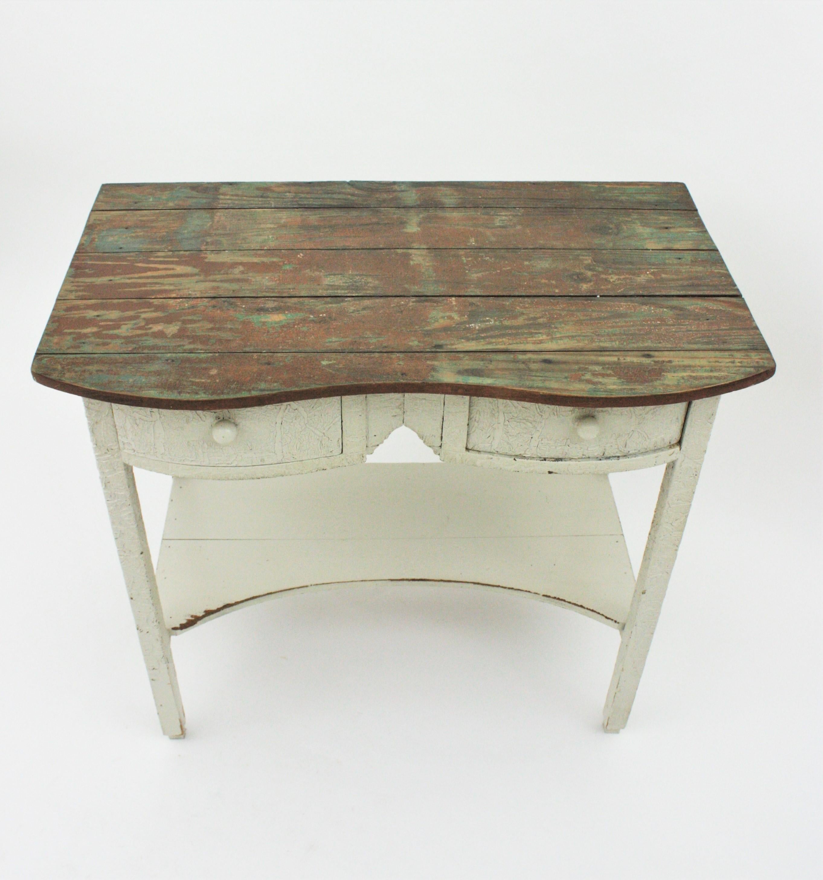 Wood Spanish Double Drawer Rustic Table in Off-White Patina For Sale