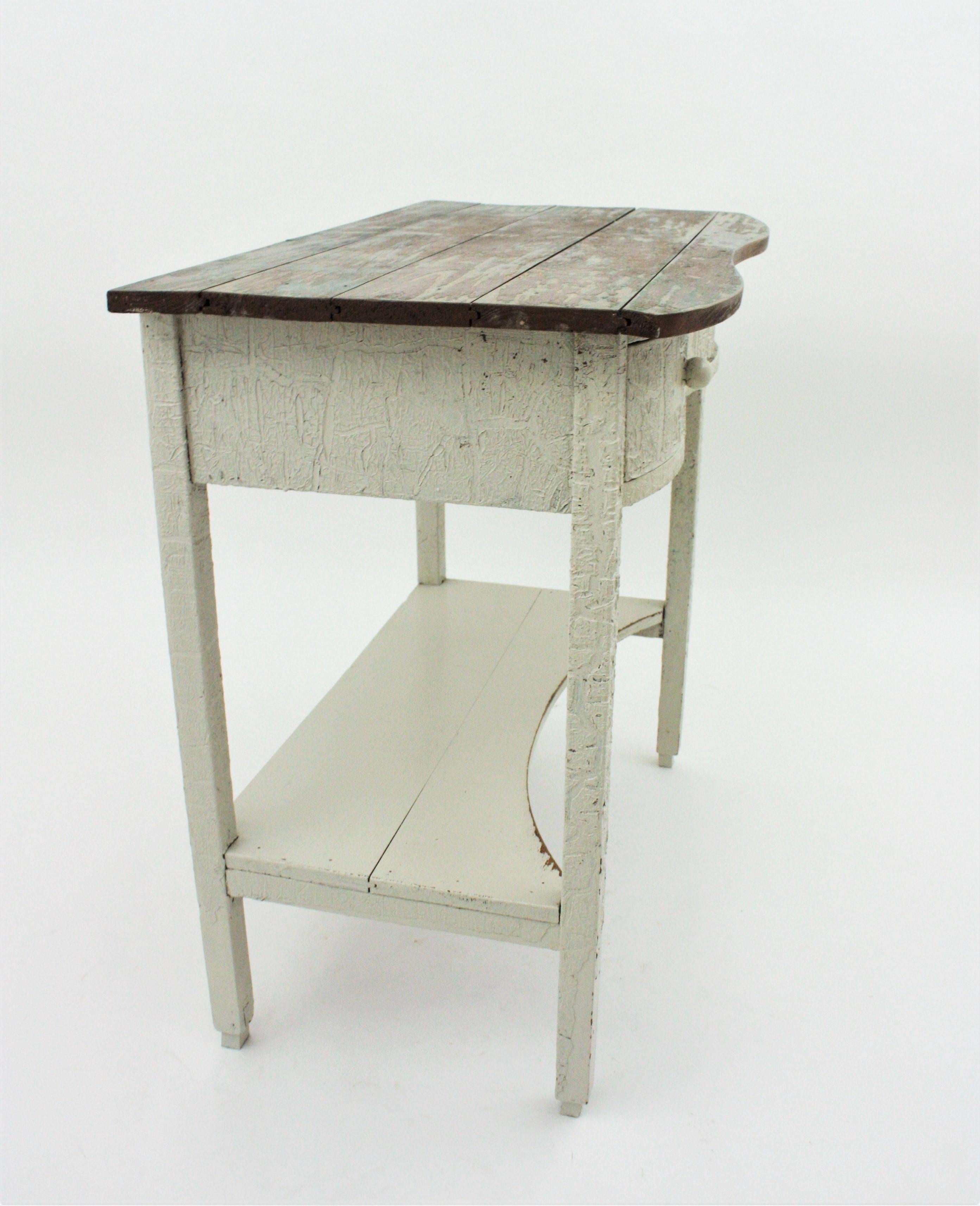 Spanish Double Drawer Rustic Table in Off-White Patina For Sale 1