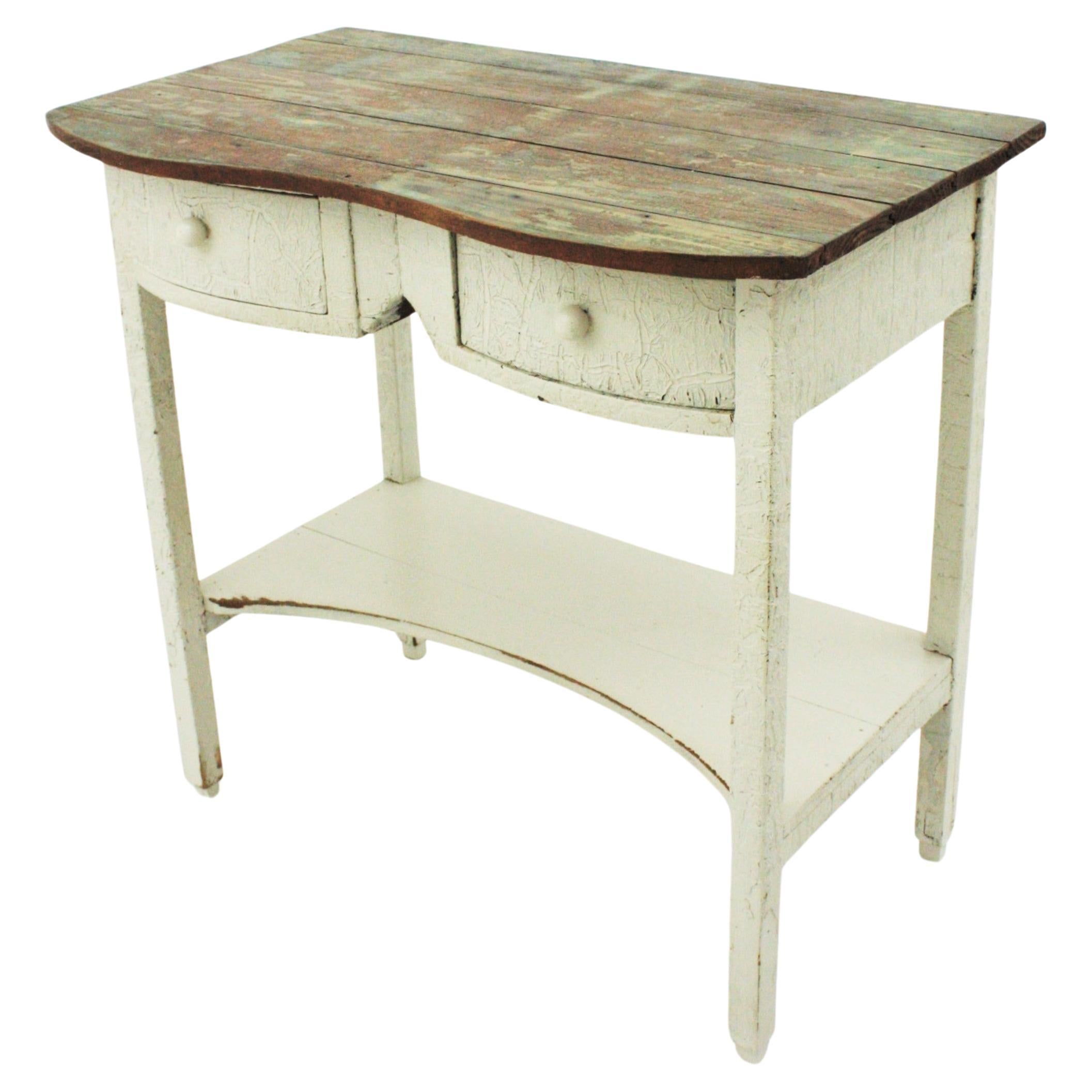 Spanish Double Drawer Rustic Table in Off-White Patina For Sale