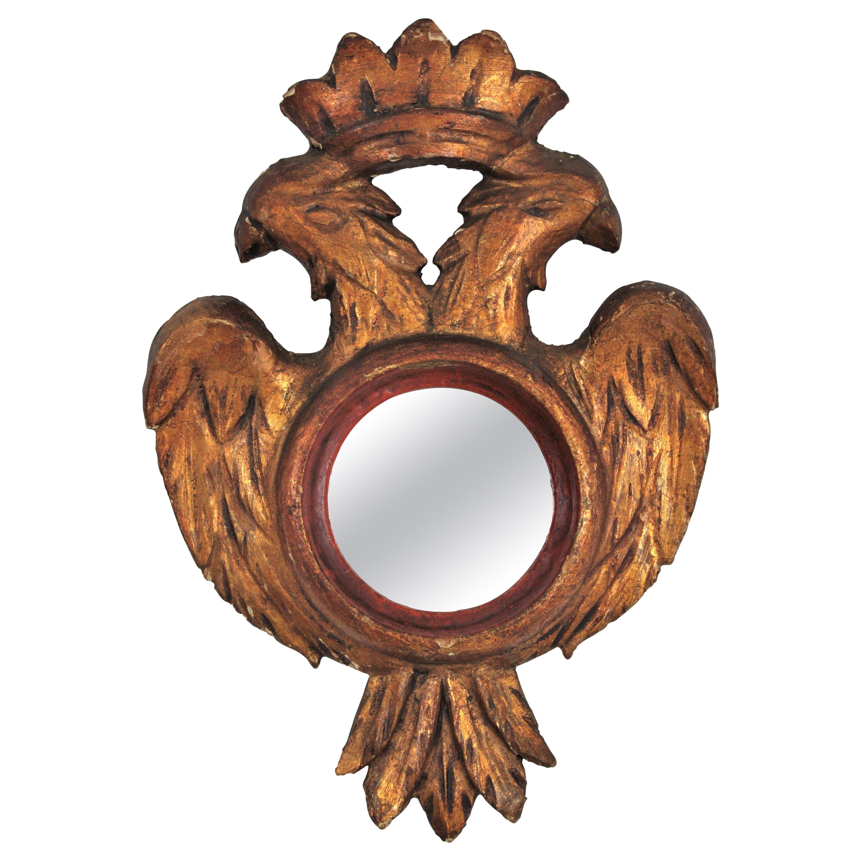 Spanish Double Headed Eagle Mini Sized Mirror in  Carved Giltwood For Sale